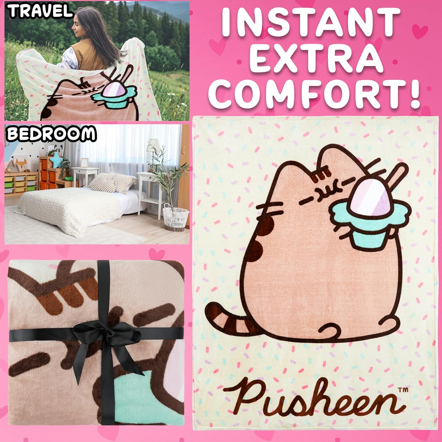 Get Trend Pusheen Throw Blanket, 51x59 inch, Soft, Plush Fleece Blanket for Bed, Couch, Lightweight, Fuzzy Throws, for Her - Image 3