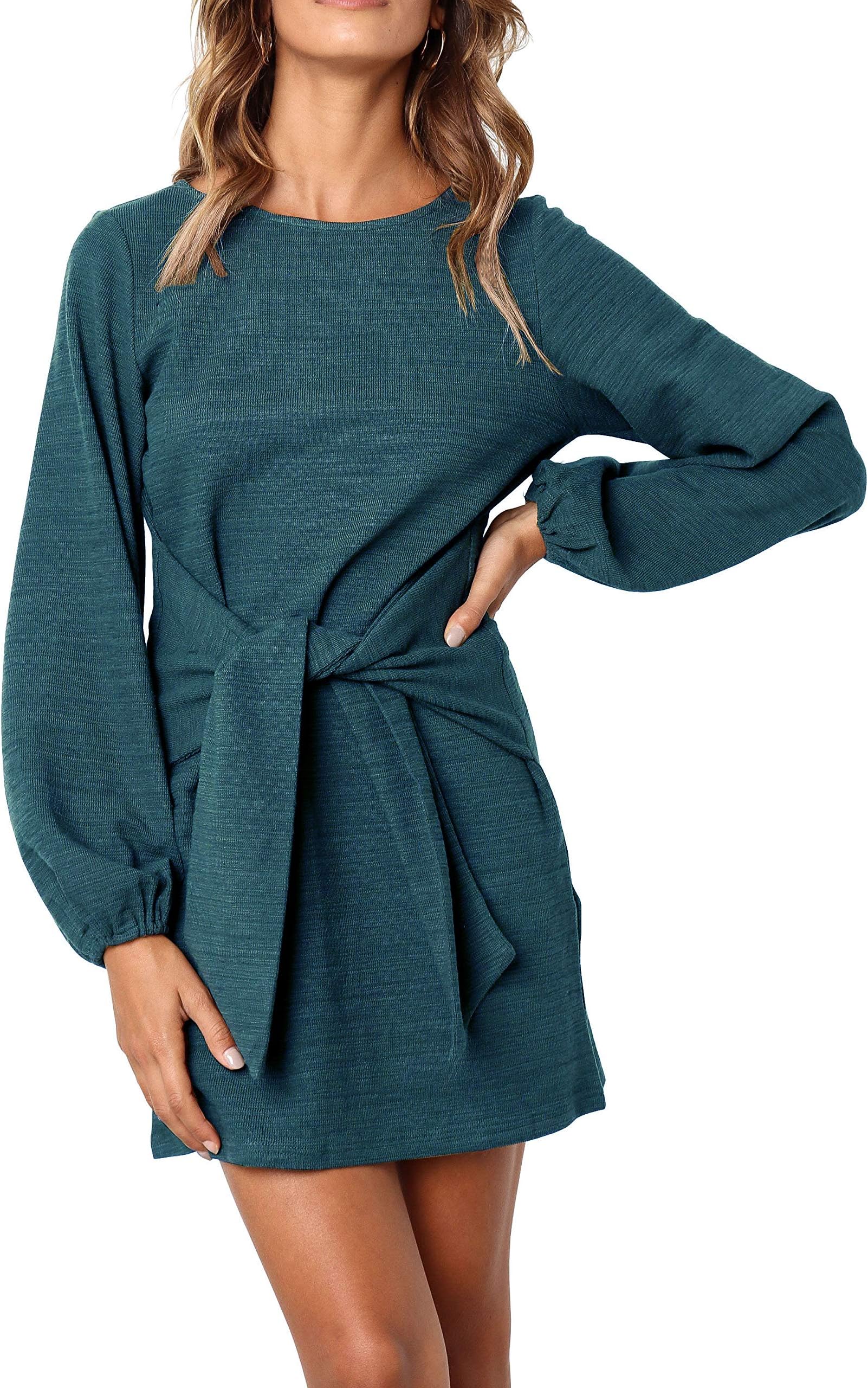 R.VivimosAutumn Winter Women's Knitted Long Sleeve Mini Dress Sweater Tie Waist Shift Short Dress with Belt