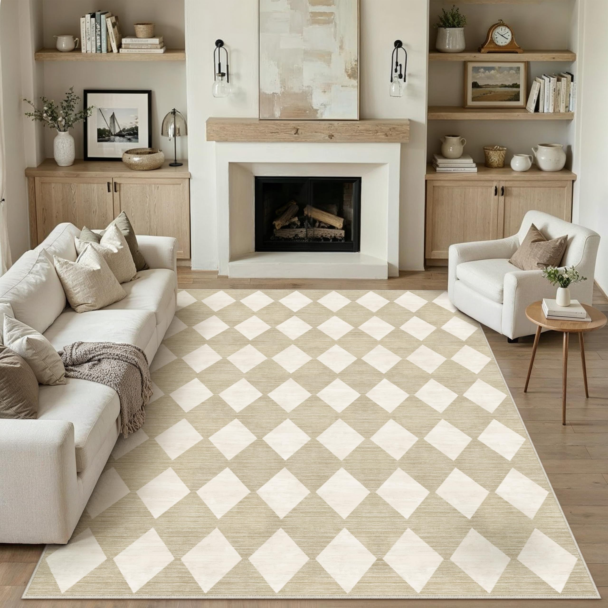 PureCozy Beige Teppich 240x300cm Wohnzimmer Waschbare Kariert Groß XXL kurzflor rutschfest Weich Boho Retro Teppiche für Schlafzimmer Küchen Esszimmer Bedroom Living Room Büro