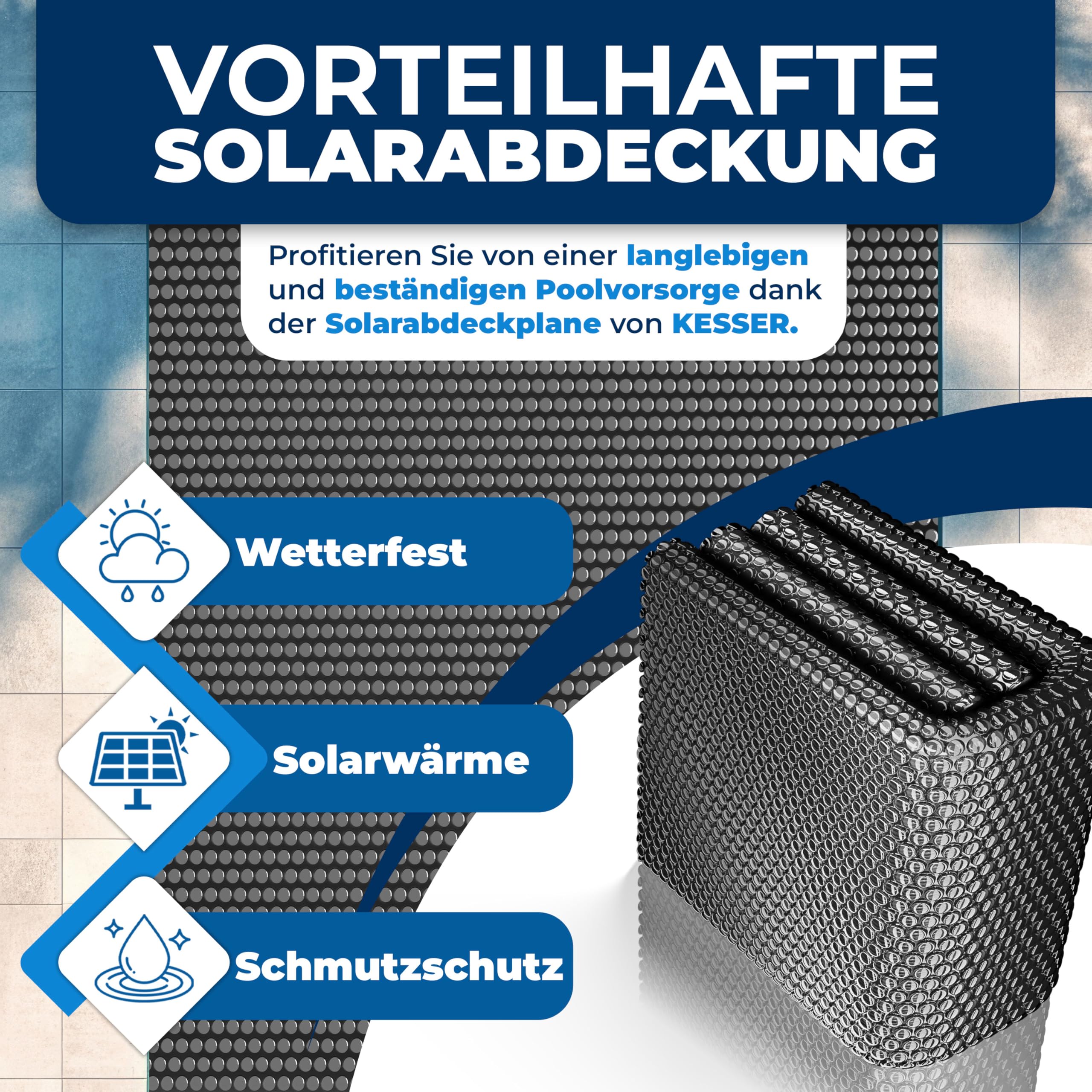 KESSER® Pool Solarabdeckplane Rund Ø 366 cm, Solarfolie 120 µm, Solarabdeckung Solarplane zuschneidbar, Poolheizung Wassererwärmung Wärmeplane, Poolsolarplane mit 1x Schere, 1x Lochzange & 12x Ösen