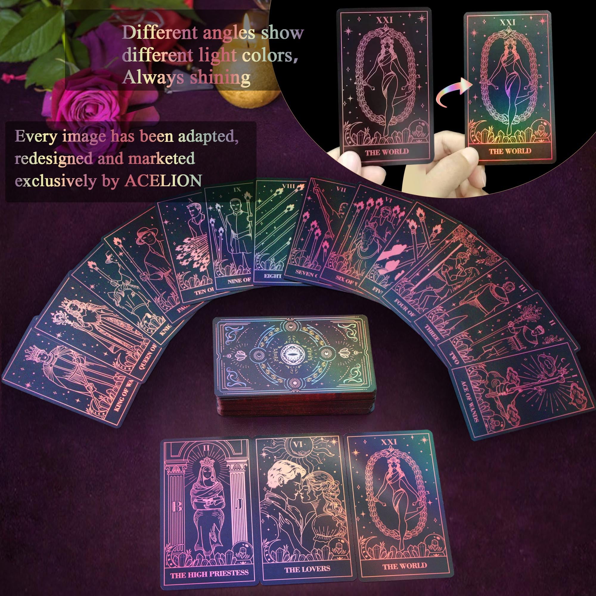 ACELION Rose Gold Foil Edge Tarot Card Set with Guide, Tarot Cards78 Pieces of Tarot Cards with Gold foil on The Surface Fortune-Telling Game, Tarot for Beginners - Image 4