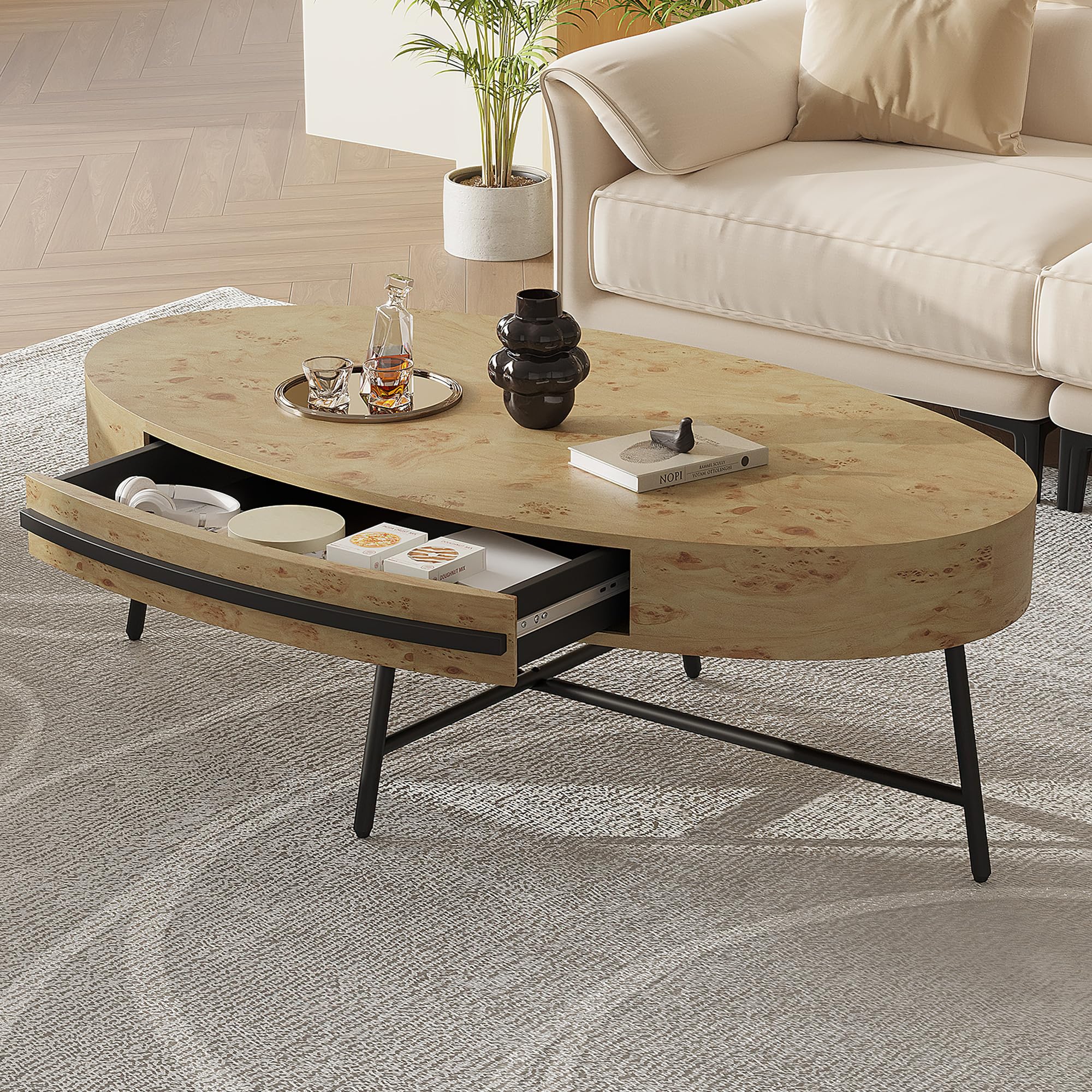 GarveeHome Oval Coffee Table with Drawer Mid-Century Modern Center Table 47.2" Wooden Coffee Table with Storage and Cross Metal Legs Unique Curved
