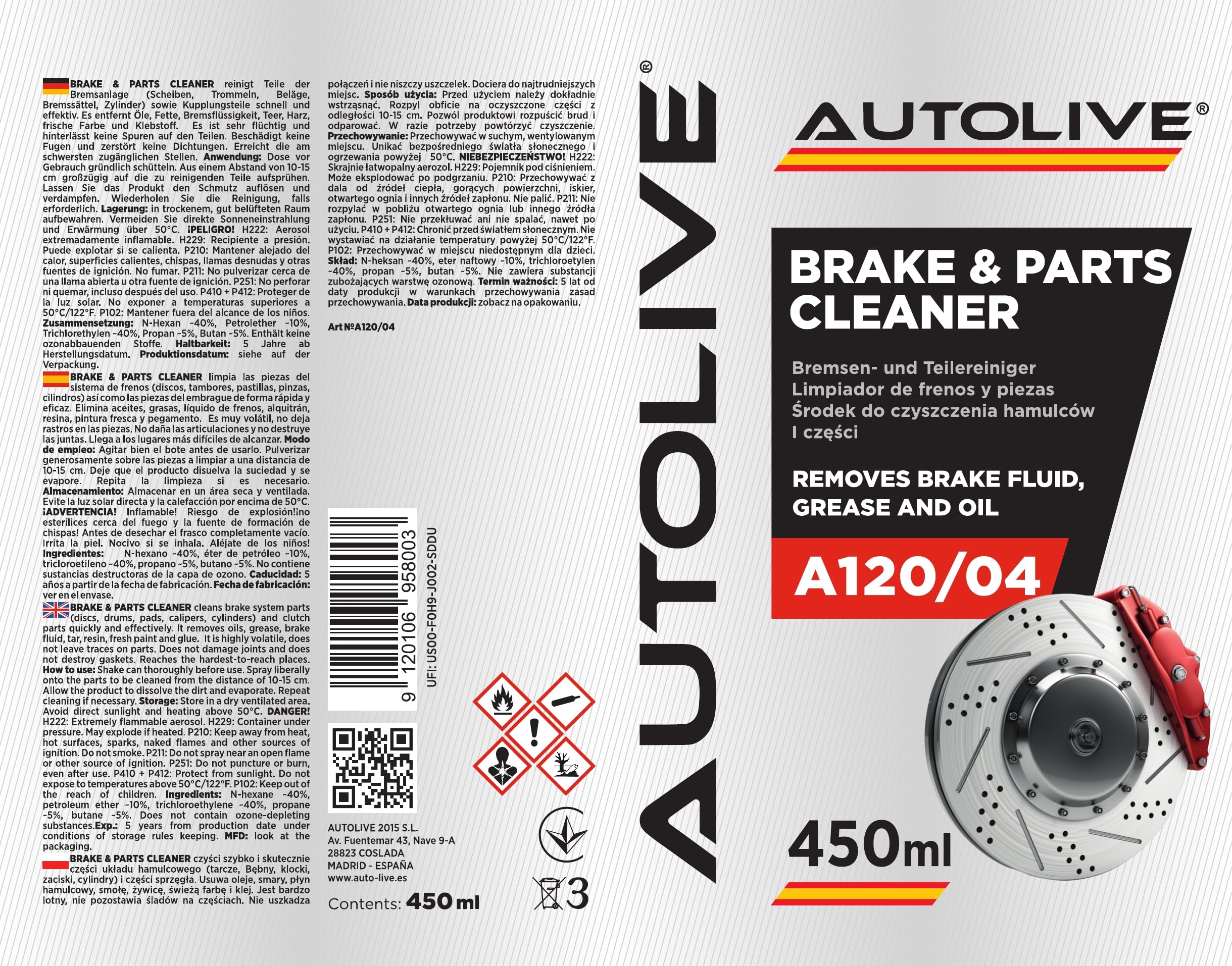 Limpiador de Frenos y Embrague - Brake & Parts Cleaner Pack de 12 - Ayuda a Eliminar Aceites, Grasas, Alquitrán, Resina y Pegamento - No Daña Articulaciones ni Juntas - 450 mL