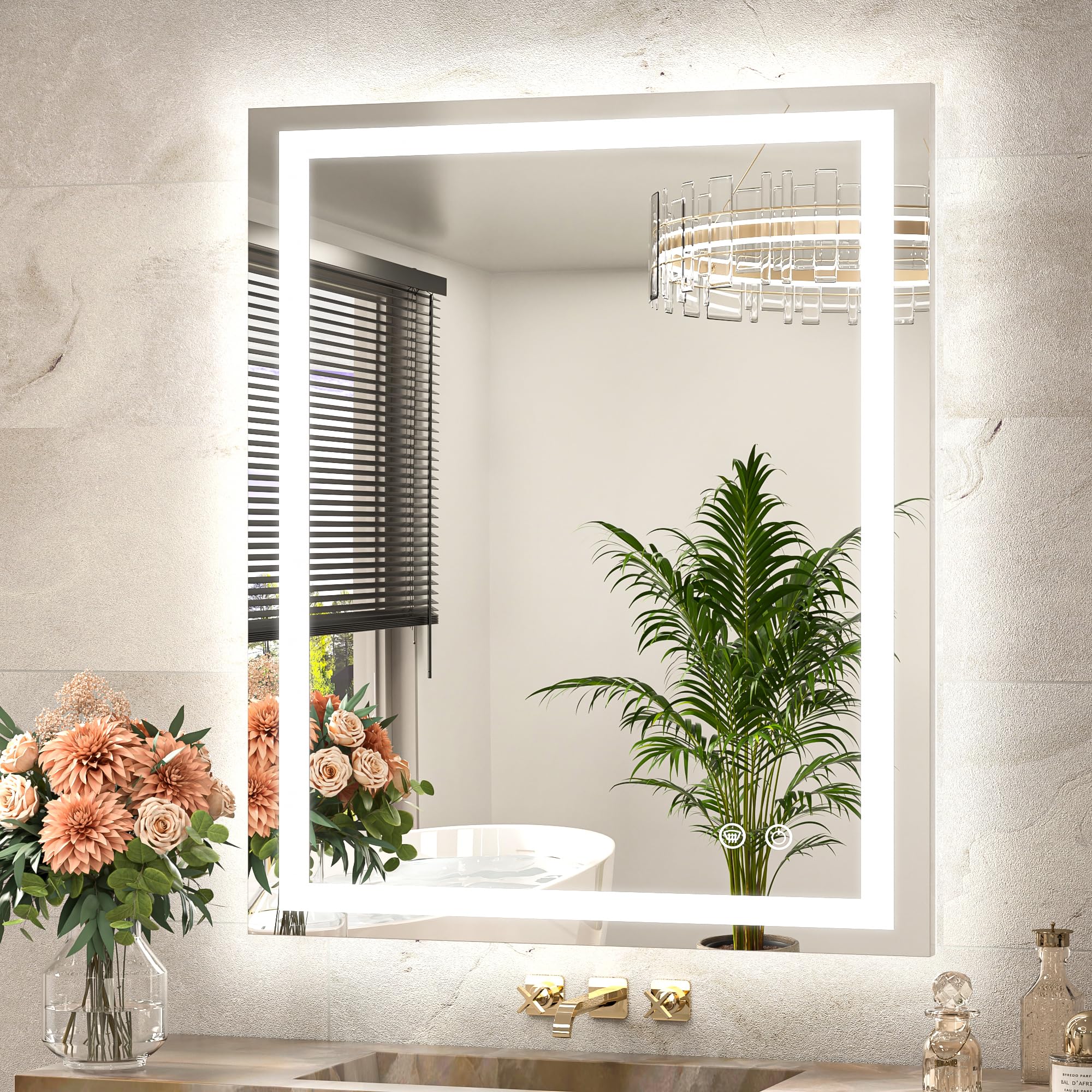 TETOTE LED Bathroom Mirror 30 x 36 Front and Backlit Lighted Bathroom Vanity Mirror with Brighter Lights 3-Color Dimmable Led Anti Fog Light up Mirror, Waterproof, Shatterproof Tempered Glass