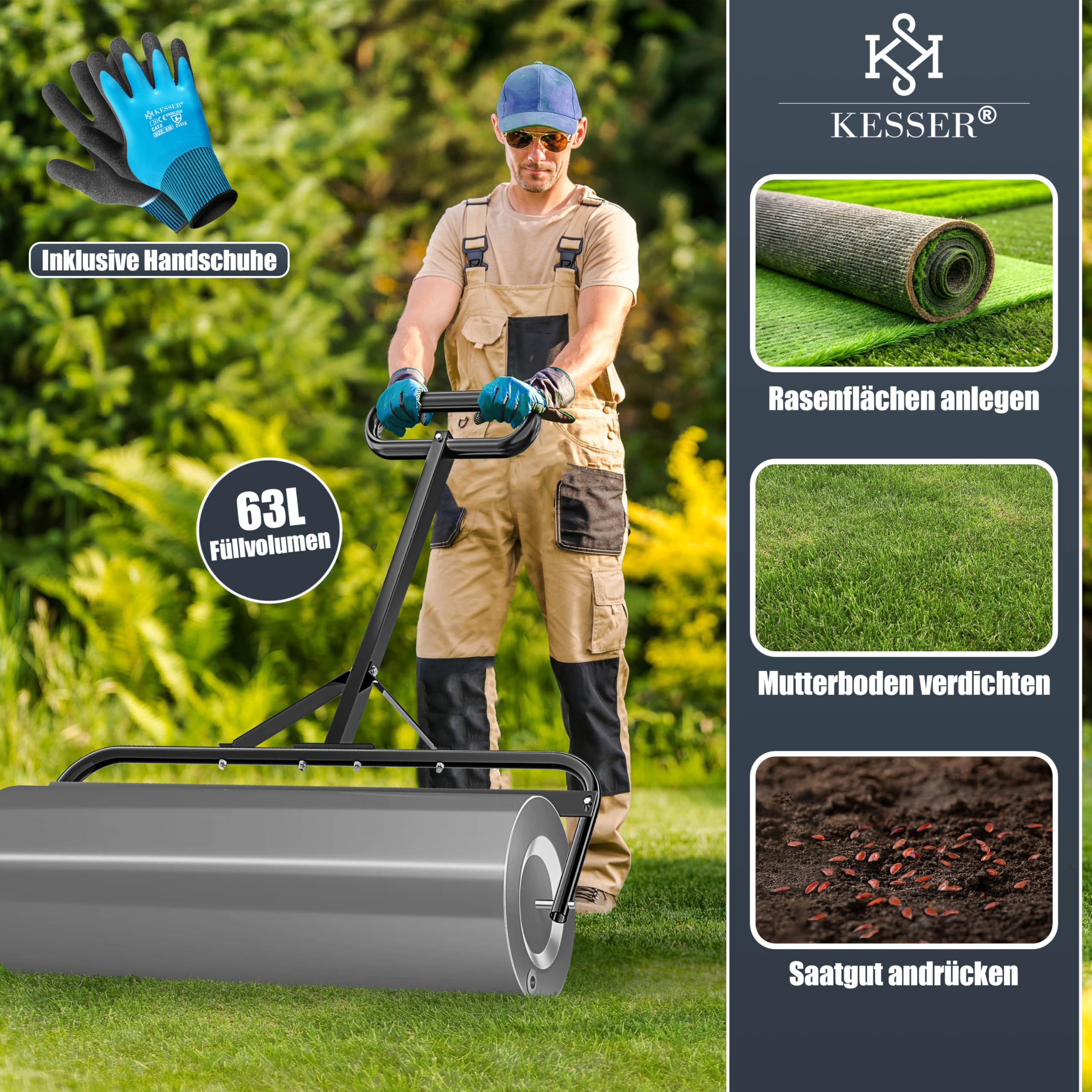 KESSER® Rodillo para césped de metal rellenable con agua o arena con 63 litros de volumen de llenado y 99 cm de ancho | Rodillo de jardín incluye guantes | Rodillo manual rodillo para césped rodillo