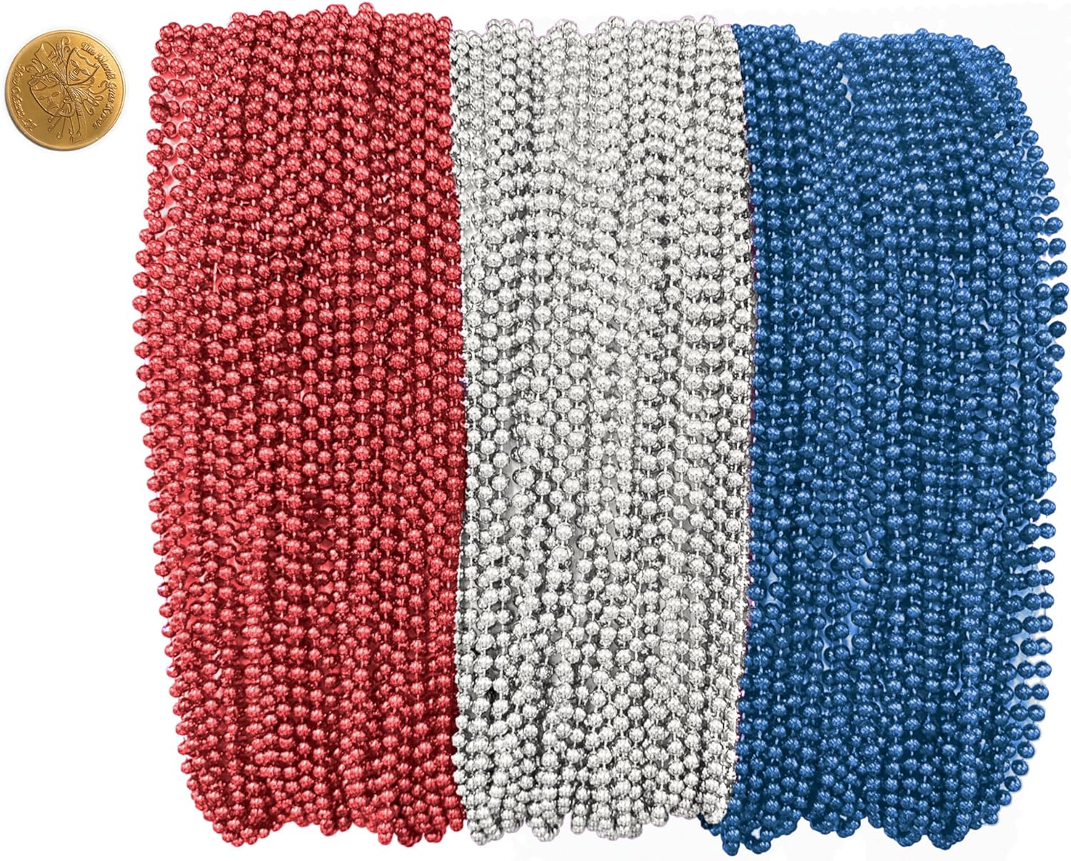 THE MARDI GRAS KREWE - Mardi Gras Beads – 144 Pieces, 12 Dozen, Assorted 33" 7mm Bead Necklaces with Doubloon, Bulk Party Favors and Parade Throws - Red Silver Blue