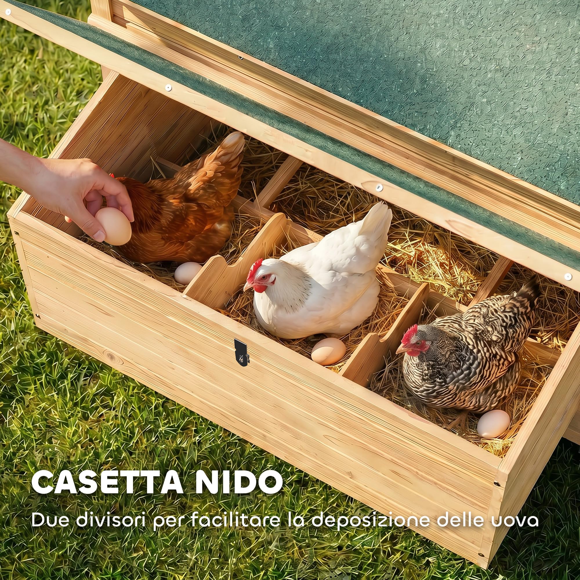 PawHut Pollaio in Legno con 2 Nidi, Pollaio per Galline da Esterno con Tetto Apribile Impermeabile, Vassoio Estraibile e Trespoli, Casetta per 2-4 Galline, Anatra, Giardino, 150x100x96.5 cm, Giallo