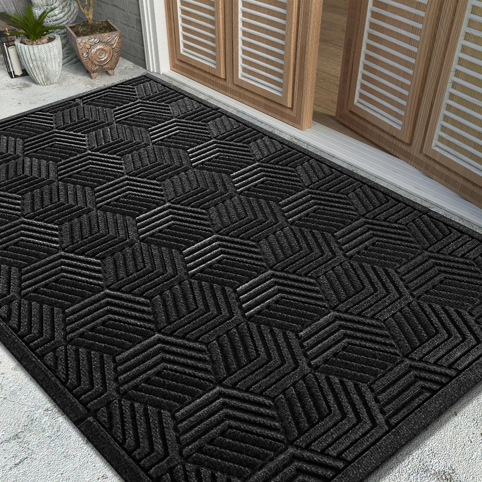 Large Door Mat 47x32, All-Season Waterproof Outdoor Mats for Front Door Entrance with Drainage Holes, Heavy Duty Non-Slip Doormat for Garage Patio Entryway Indoor, Black