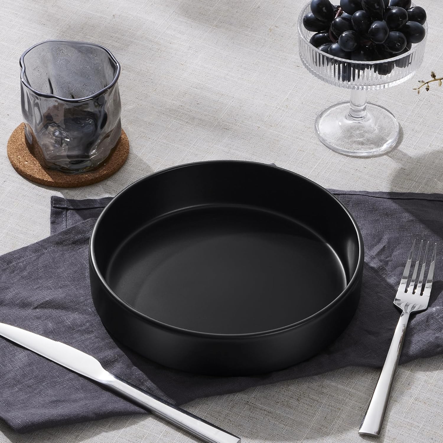 E-far Pasta Bowls Set of 4-35oz Shallow Ceramic Bowl Plates for Serving Dinner, Soup & Salad | Stoneware Pasta Plates | Microwave & Dishwasher Safe | Matte Black