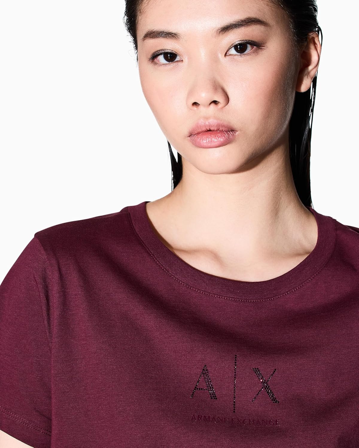 Armani Exchange Womens Rhinestone Logo Regular Fit Tee - Image 5