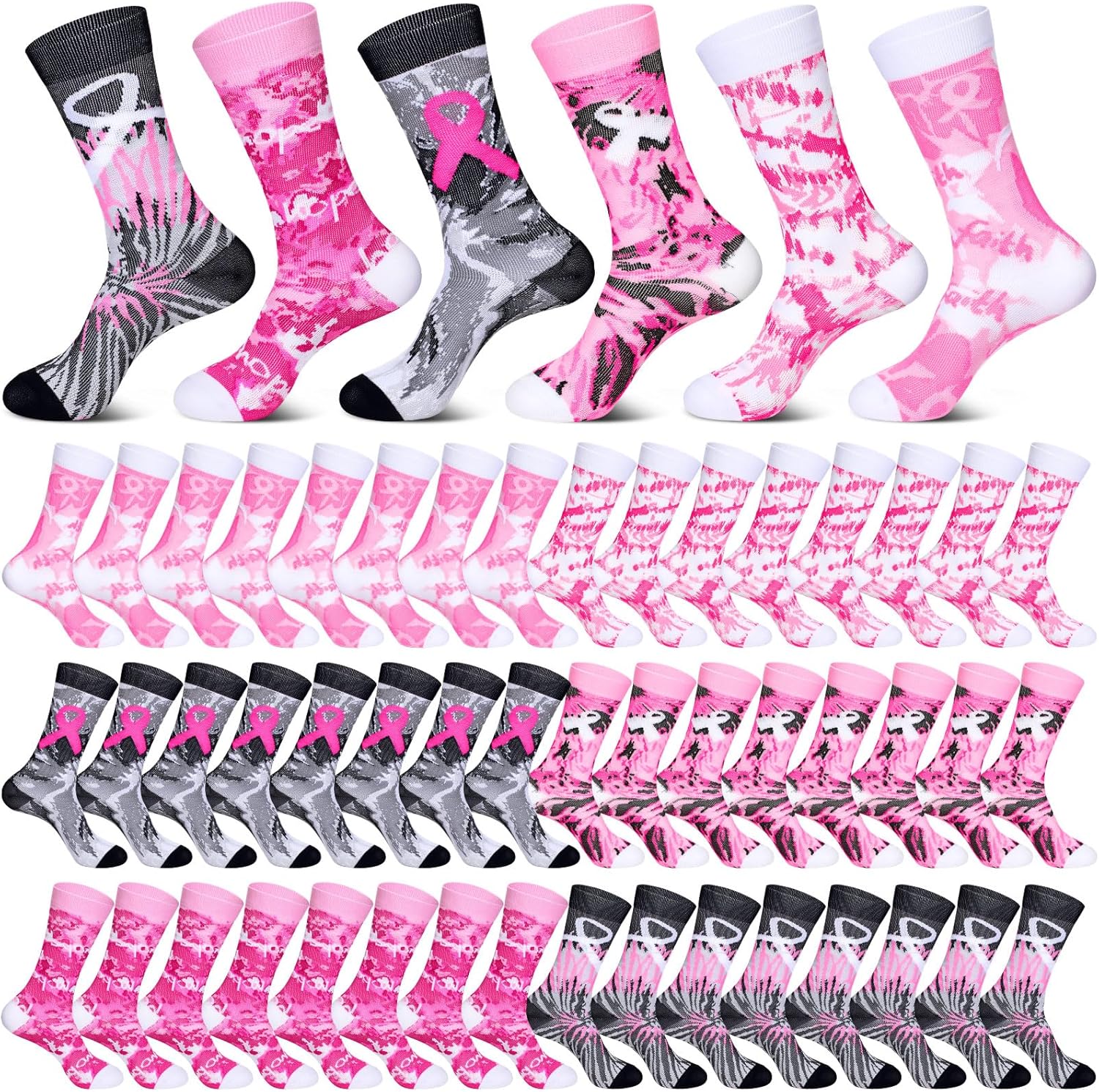 Suhine 24 Pairs Pink Ribbon Breast Cancer Awareness Socks Support Athletic Girl Over the Calf Socks Compression Novelty Boy Pink Softball Socks for Youth Kid, 6 Styles