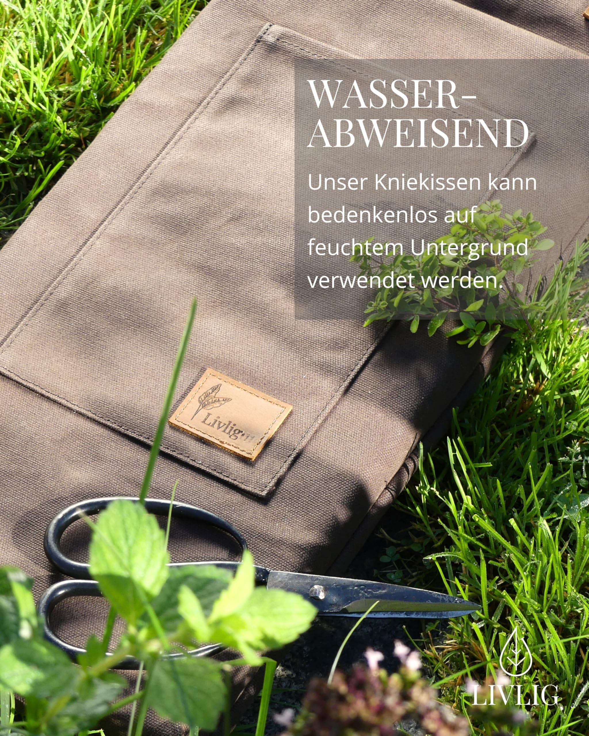 LIVLIG Kniekissen Garten 45×22 cm, wasserabweisendes Kniepolster aus gewachstem Canvas mit Ledergriff, Garten Kniekissen für Gartenarbeit & Handwerk, Braun