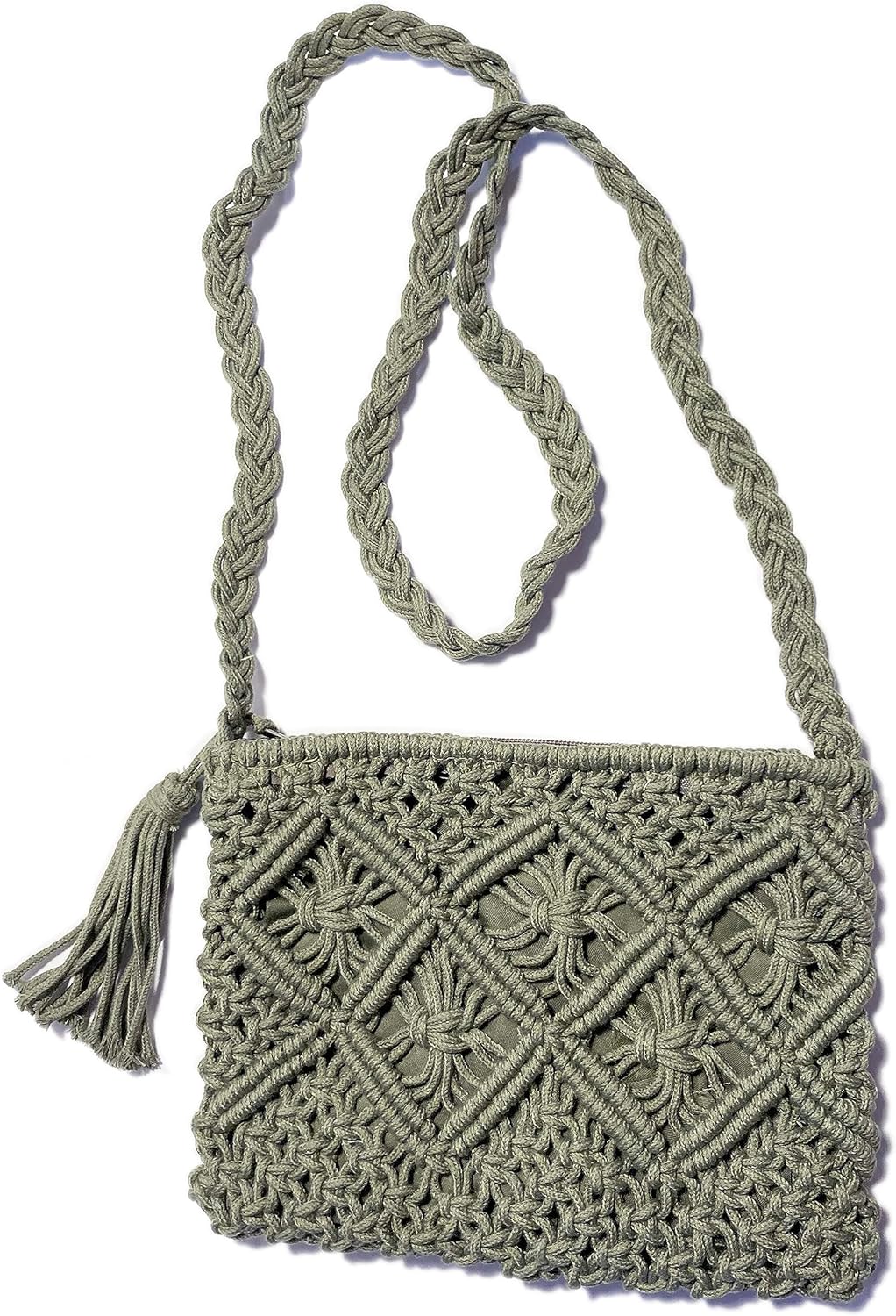 Green Cotton Handwoven Macrame Crossbody Purse Bag with a Top Zipper