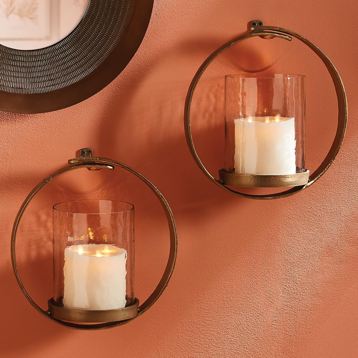 MY SWANKY HOME Elegant Gold Ring Wall Pillar Candle Holder Sconce Glass Hurricane Round
