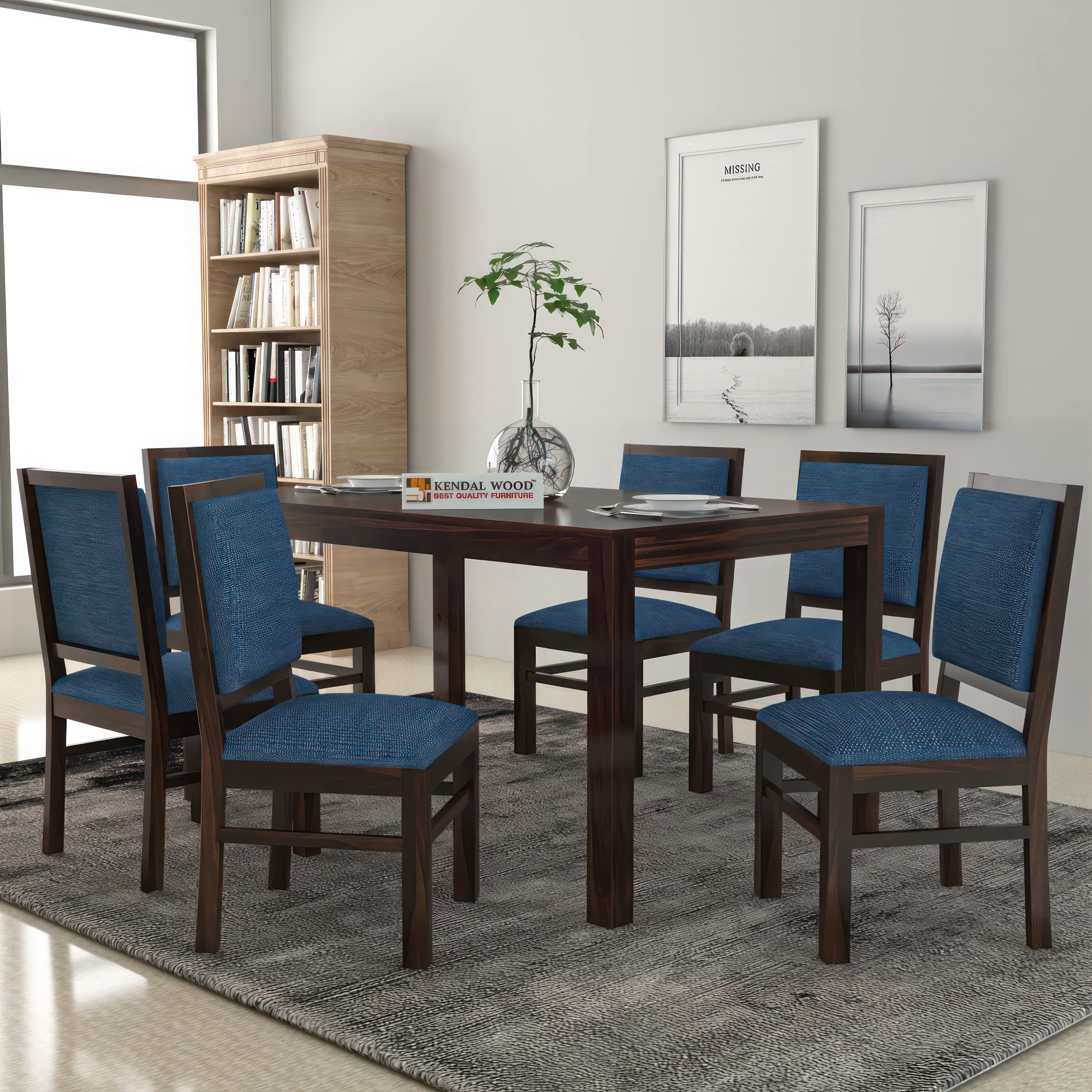 KENDALWOOD Furniture | Dining Room Furniture | Wooden Dining Table with 6 Chairs | 1 Year Warranty |sheesham Wood Dining Table 6 Seater | Walnut with Blue Cushions -DIY(Do-It-Yourself)