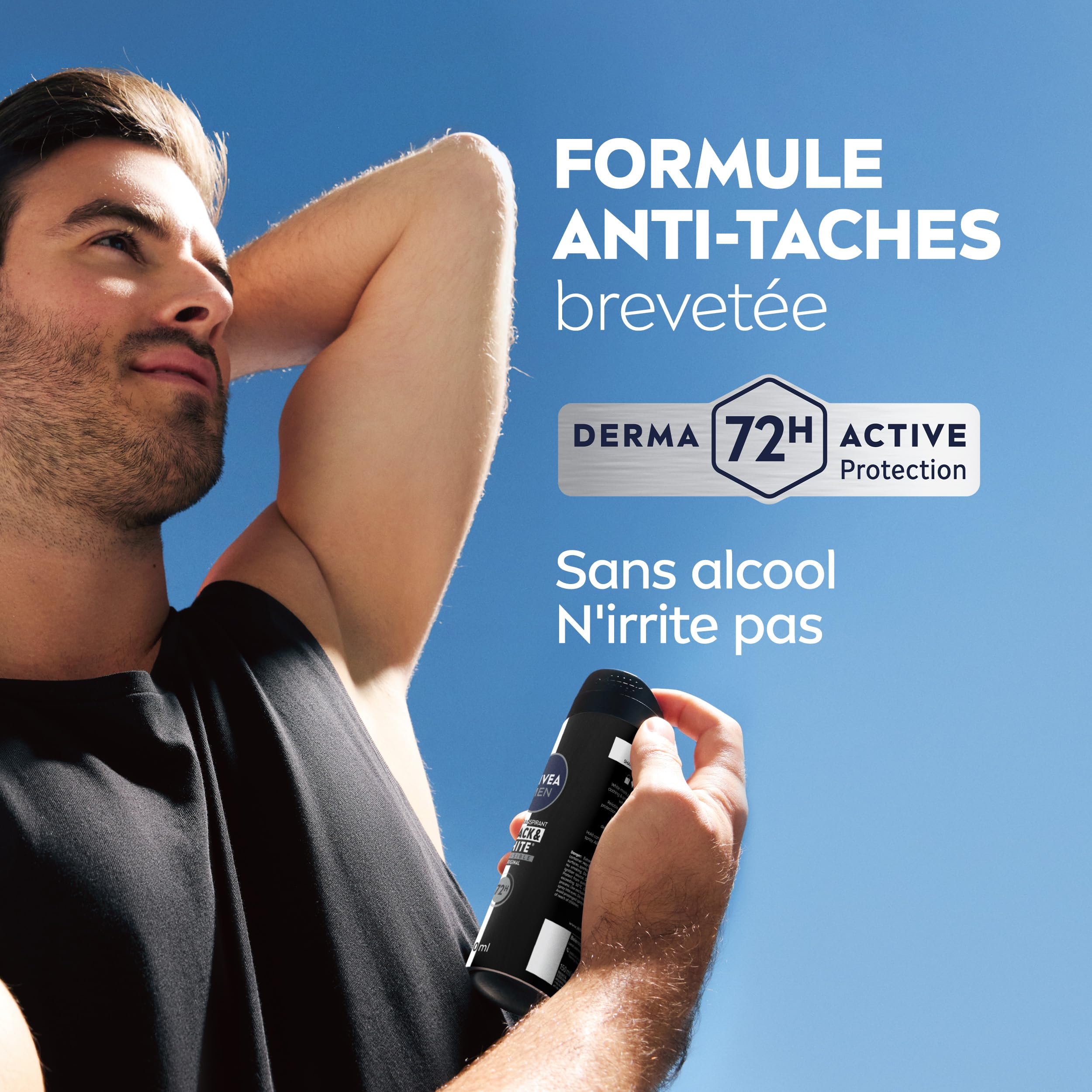 NIVEA MEN Déodorant Spray Black & White Invisible (1 x 200 ml), déodorant homme anti-traces blanches et jaunes, anti-transpirant anti odeur & humidité, protection efficace 72 h, sans alcool