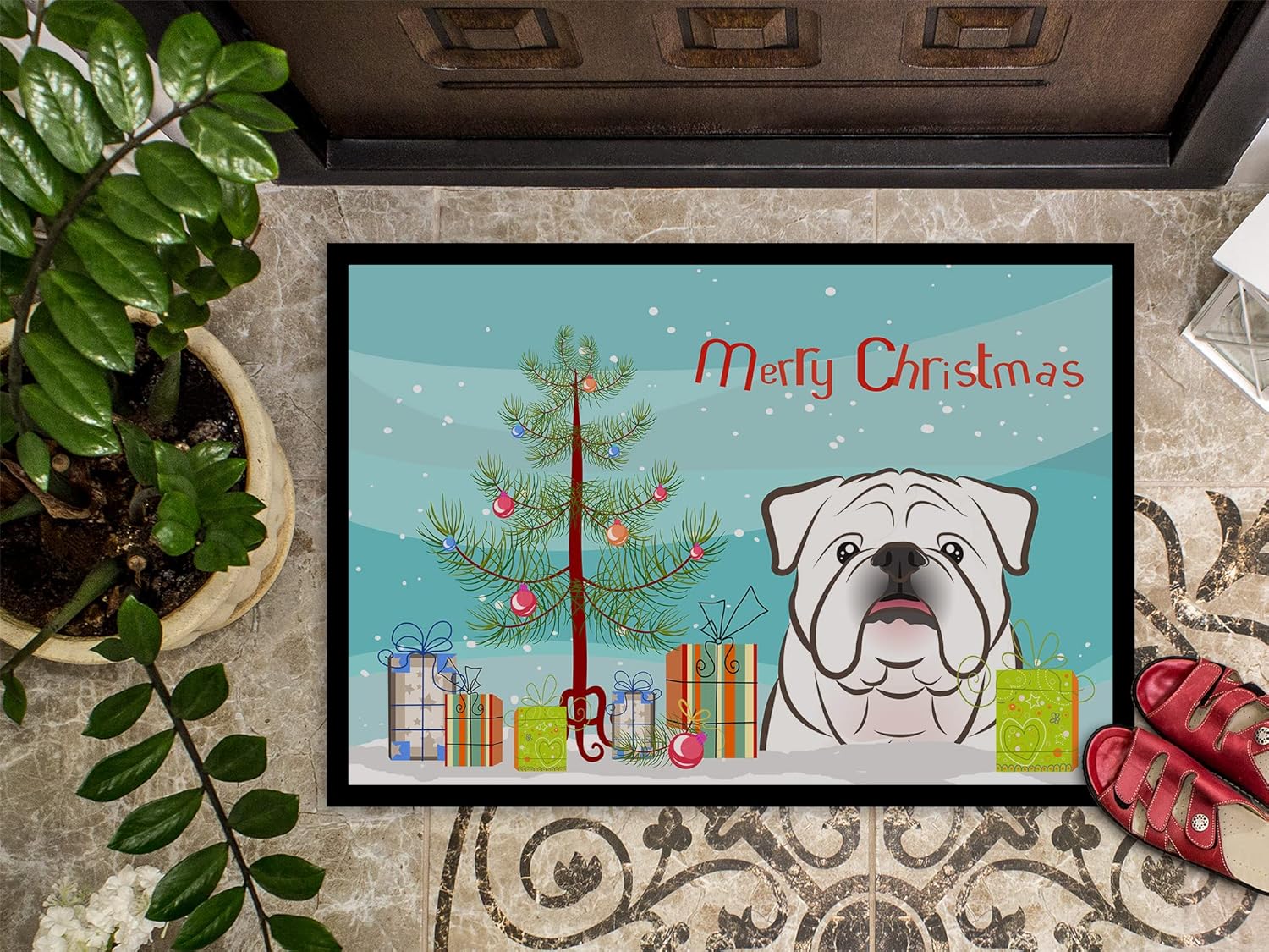 Caroline's Treasures BB1592MAT Christmas Tree and White English Bulldog Doormat 18x27 Front Door Mat Indoor Outdoor Rugs for Entryway, Non Slip Washable Low Pile, 18H X 27W