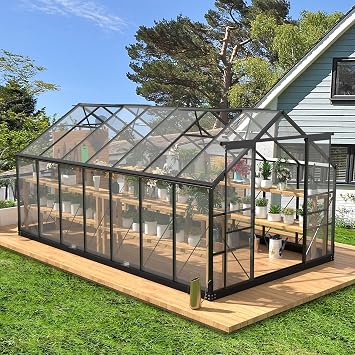 Greenhouses for Outdoors, 8x14.2 FT Polycarbonate Greenhouses with Adjustable Roof Vent, Windproof, Walk-in Aluminum Frame Green Houses for Outside with Sliding Doors, Garden8x14.2FT
