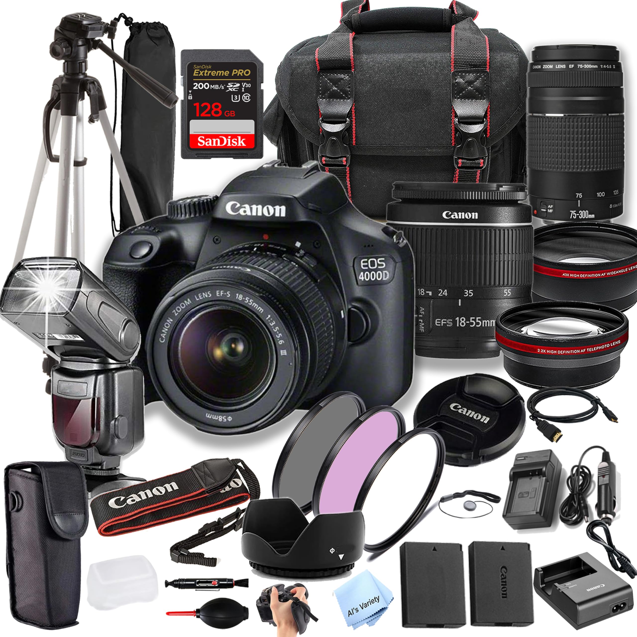 Canon EOS 4000D (Rebel T100) w/EF-S 18-55mm & 75-300mm+ 128GB Extreme Speed Card, Camera Case, Tripod,TTL Speedlite, Spare Battery, Filter Kit, and More (Extreme Pro-Bundle) (Renewed), Black