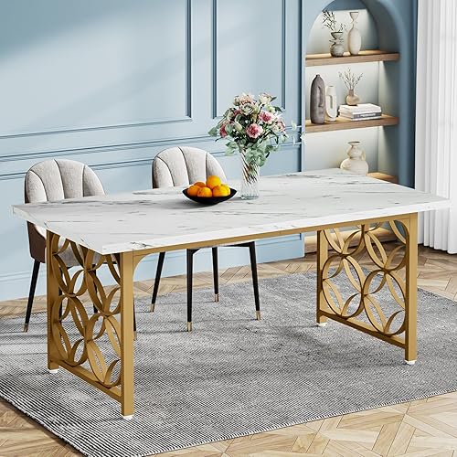 Miniatura 6 de Tribesigns Mesa de comedor, moderna mesa de comedor de mármol de 63 pulgadas para 6 personas, mesa de cocina rectangular con marco de metal dorado