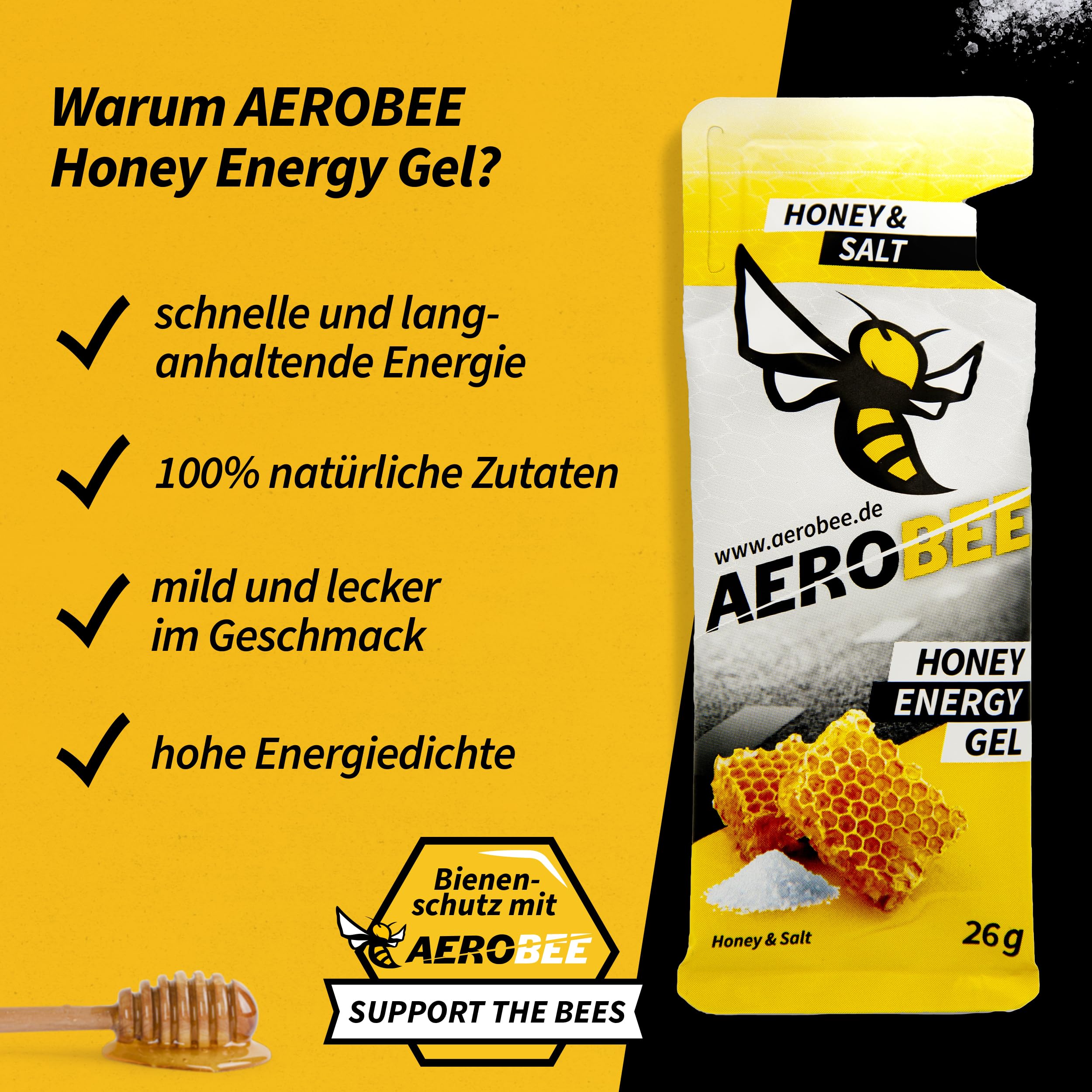 AEROBEE Energy Gel Classic – Honey & Salt 10x26g – [100% Natürliche Energie aus Honig] richtig leckeres Sportgel für den Ausdauersport, Energy Gel Laufen, Power Sport, Sportnahrung
