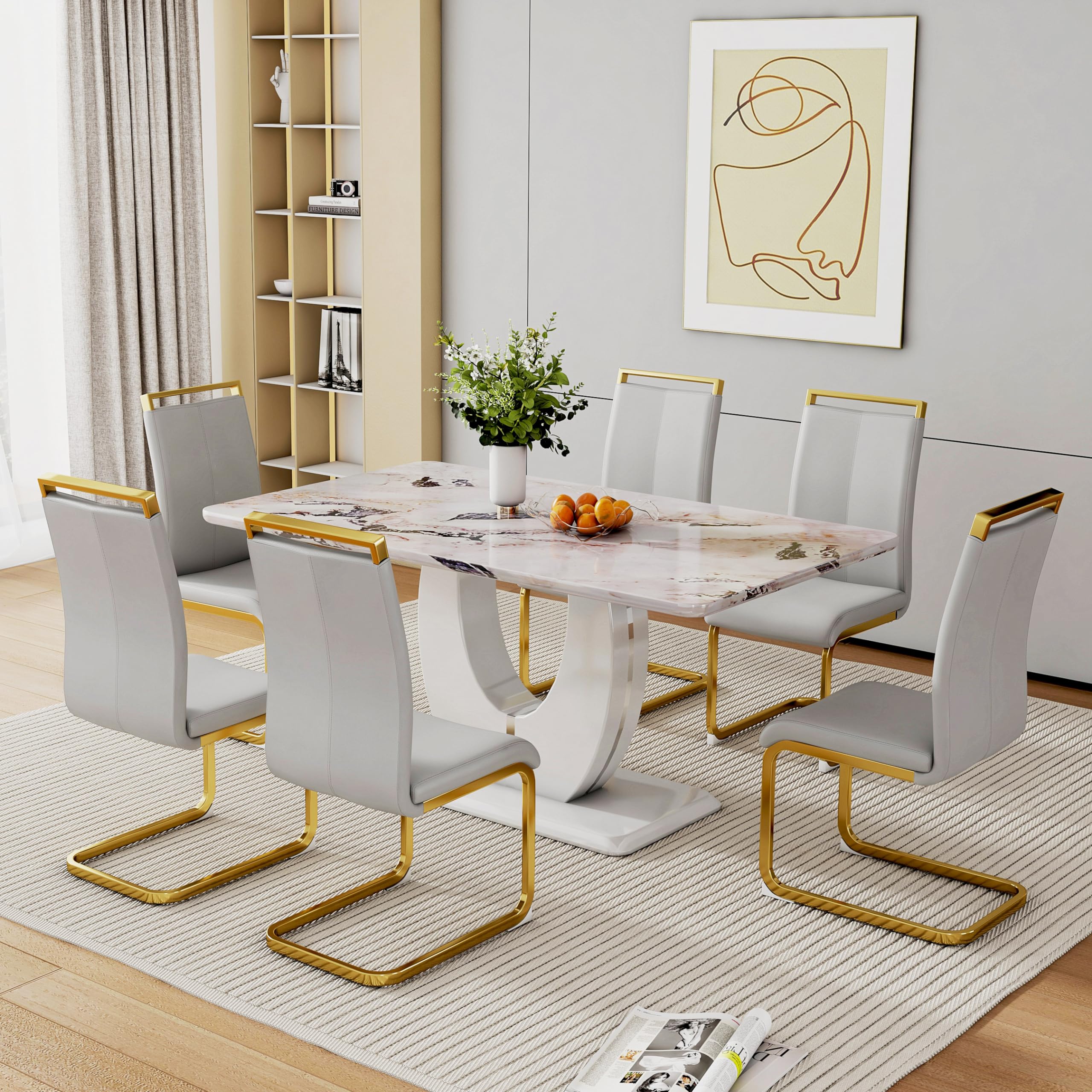 Btikita Dining Table Set for 6, Kitchen Table Chairs Set of 6, Modern Dining Room Set with 63'' Marble Dinner Table PU Leather Upholstered Chairs for