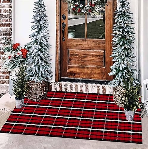 Miniatura 6 de Alfombra de Navidad roja y negra para exteriores, 24 x 51 pulgadas, alfombra de porche delantero a cuadros de Navidad, lavable a mano, de algodón,