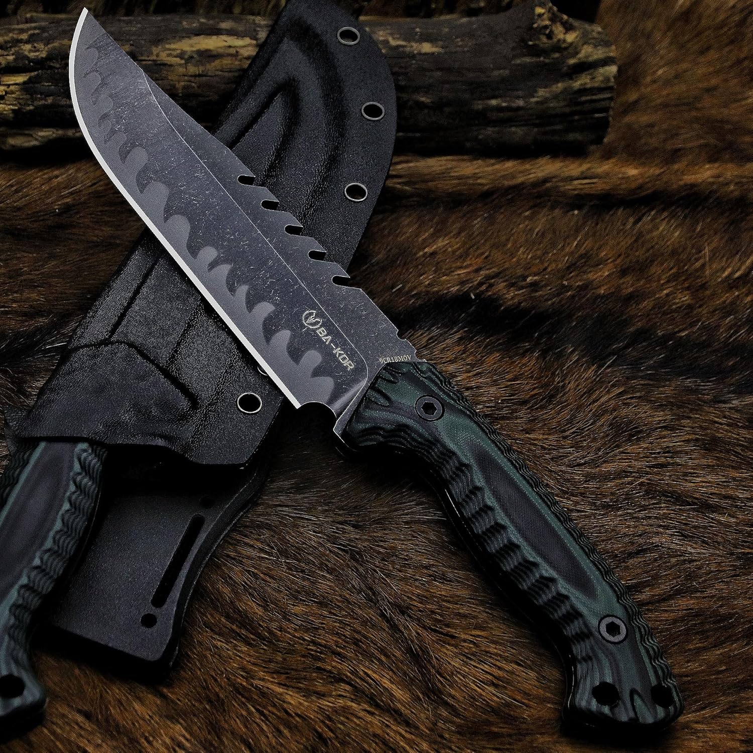 BA-KOR 12.4in Full Tang Fixed Blade Hunting Knife – 6mm 9CR18MoV Steel, G10 Handle, Stonewashed Sawback Blade with Kydex Sheath & Fire Starter for Outdoor, Camping, Survival (Green and black stripes)