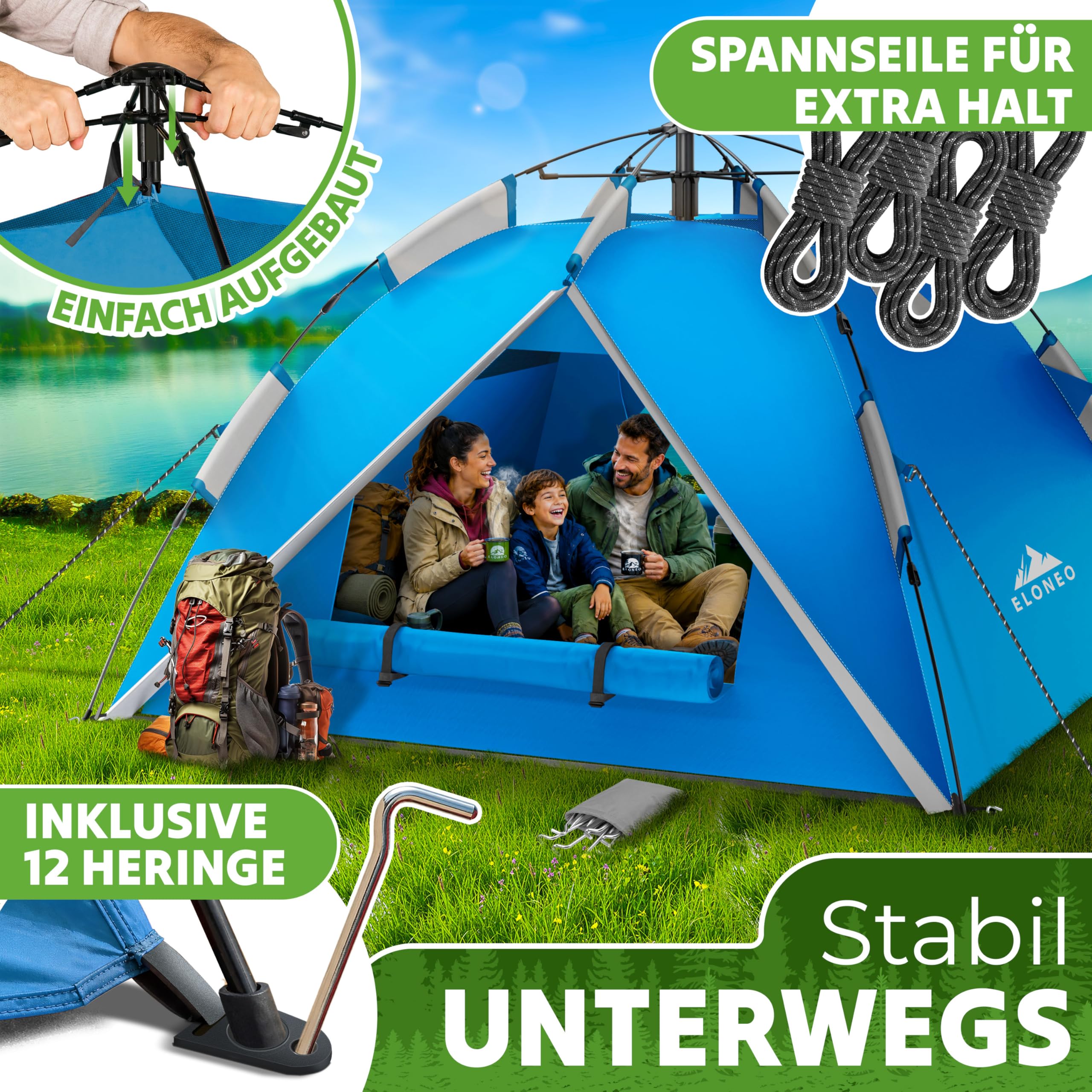 ELONEO Tente Pop-up – Extra étanche et Stable, Montage et démontage Rapides en 45 Secondes | Étanche | Tente de Camping | 2-4 Personnes