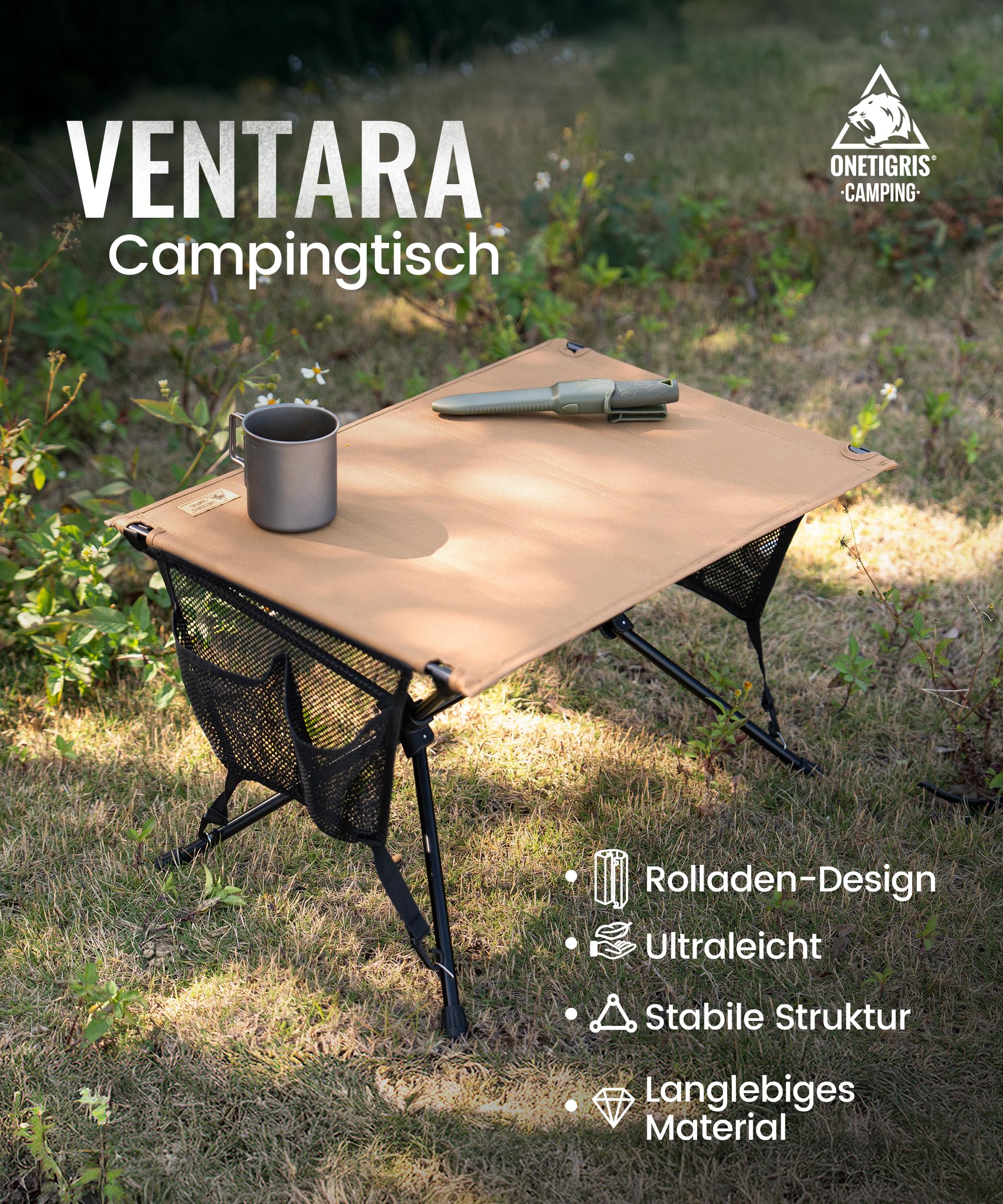 OneTigris VENTARA faltbar Campingtisch klappbar, Camping Tisch Klapptisch mit Tragetasche und Netztasche, Kleiner Tisch Outdoor Ultraleicht für Angeln Wandern 61,5 x 43 x 38 cm (Kojote Braun)