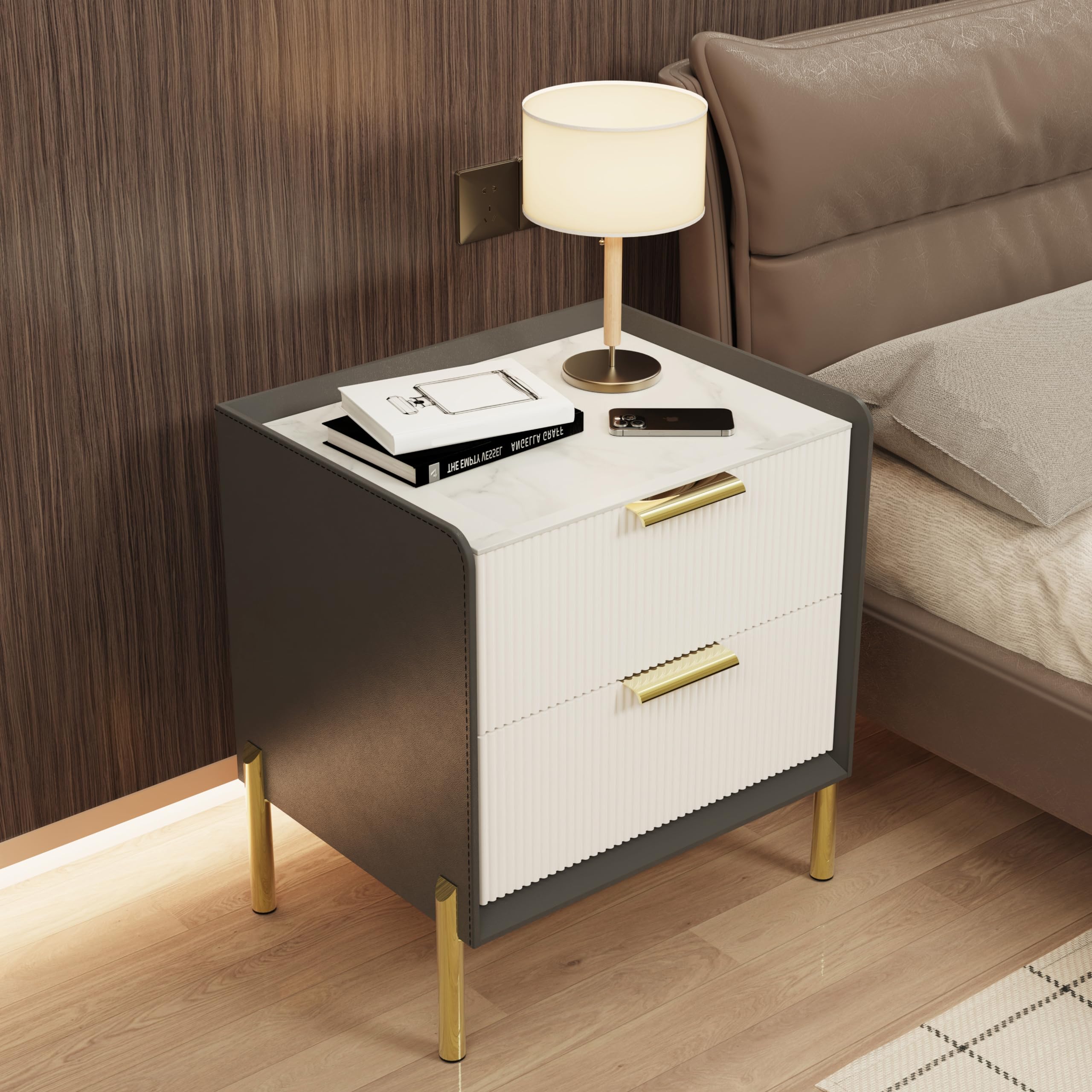 Wisfor Large Bedside Table with 2 Drawers : Sintered Stone White Marble Texture Tabletop Nightstand with Storage Drawer Silent Damping Slide Solid Wood Drawer Golden Metal Legs Luxury Furniture
