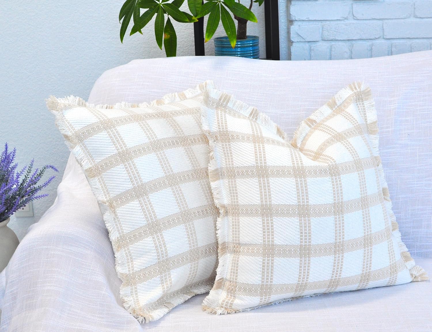 Checkered Throw Pillow Covers with Fringe Set of 2 Woven Cotton Plaid Cushion Covers With Tassels Trim Edge Square Pillow Cases Classic Scandinavian Cottagecore Checks Pattern Beige and White 20x20