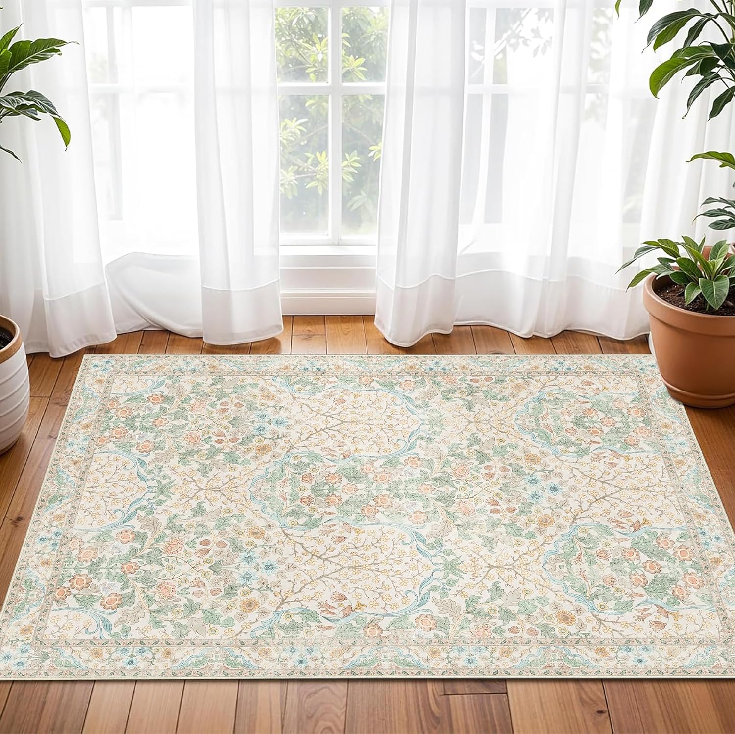 MUJOO 2x3 Washable Rug,Floral Small Area Rugs for Bathroom Entryway Entry Bedroom Bedside,Boho Front Door Mat Indoor Entrance Throw Carpet Neutral Vintage Non Slip Ultra-Thin Light Green and Beige