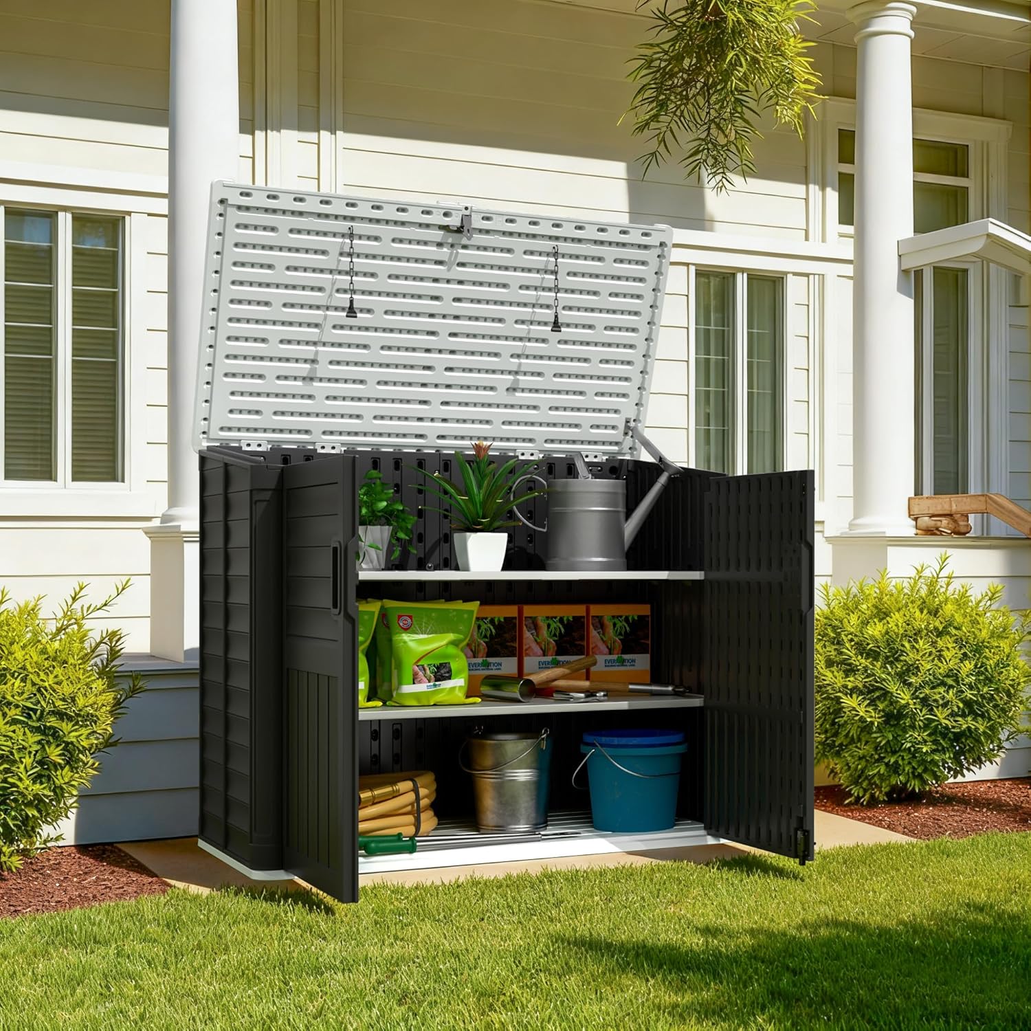 Greesum Outdoor Storage Shed 34 Cu Ft with Lockable Doors, Waterproof Outdoor Storage Cabinet for Trash Cans, Patio Cushions, Gardening Tools with Wood Grain Finish (Black)