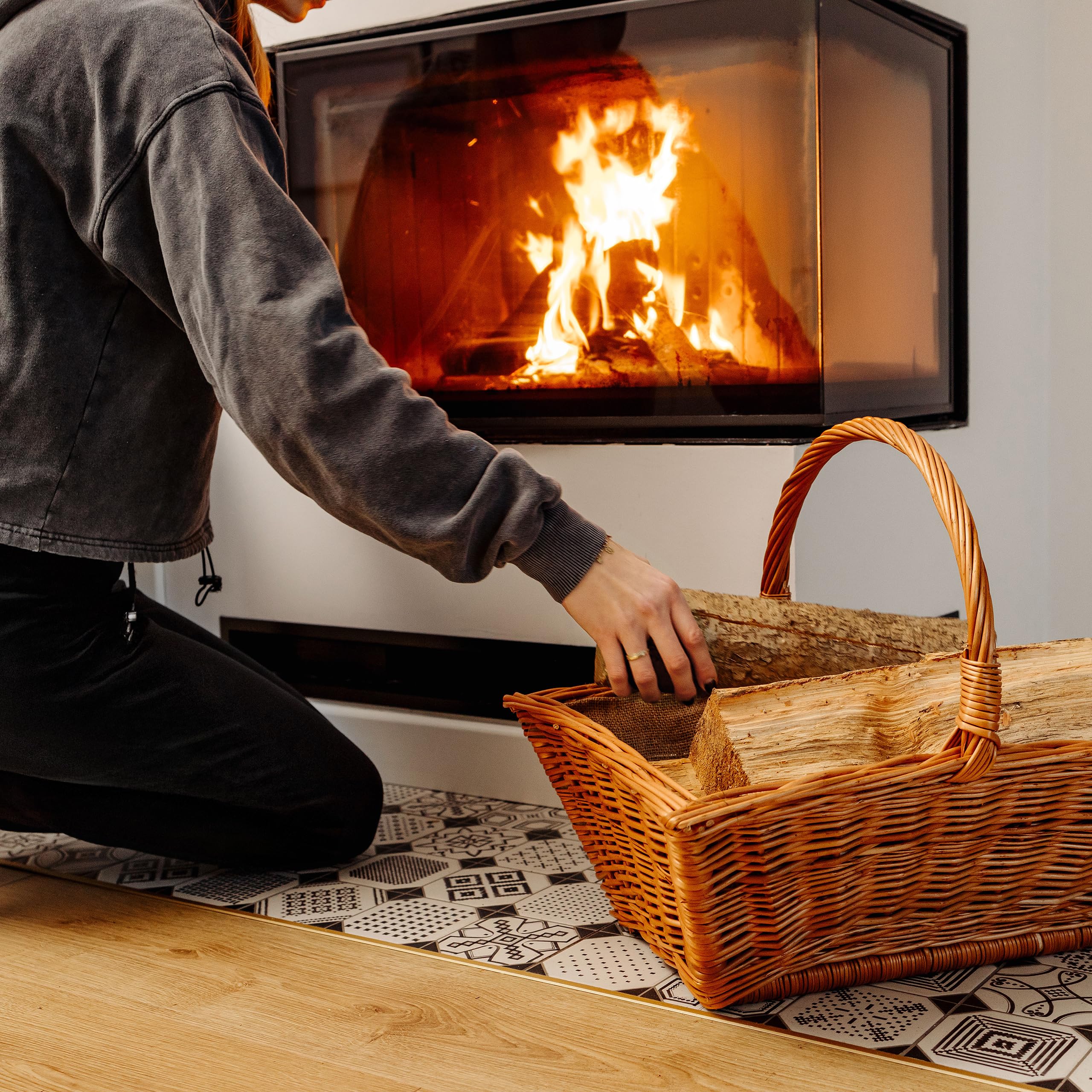 Creative Home Cesto Portalegna da Interno con Manici, Porta Legna Cesto Vimini | Grande Cesto Vimini Rettangolare 50x40x37 cm Leggero | Intrecciato a Mano | Salice Marrone Naturale | Multiuso
