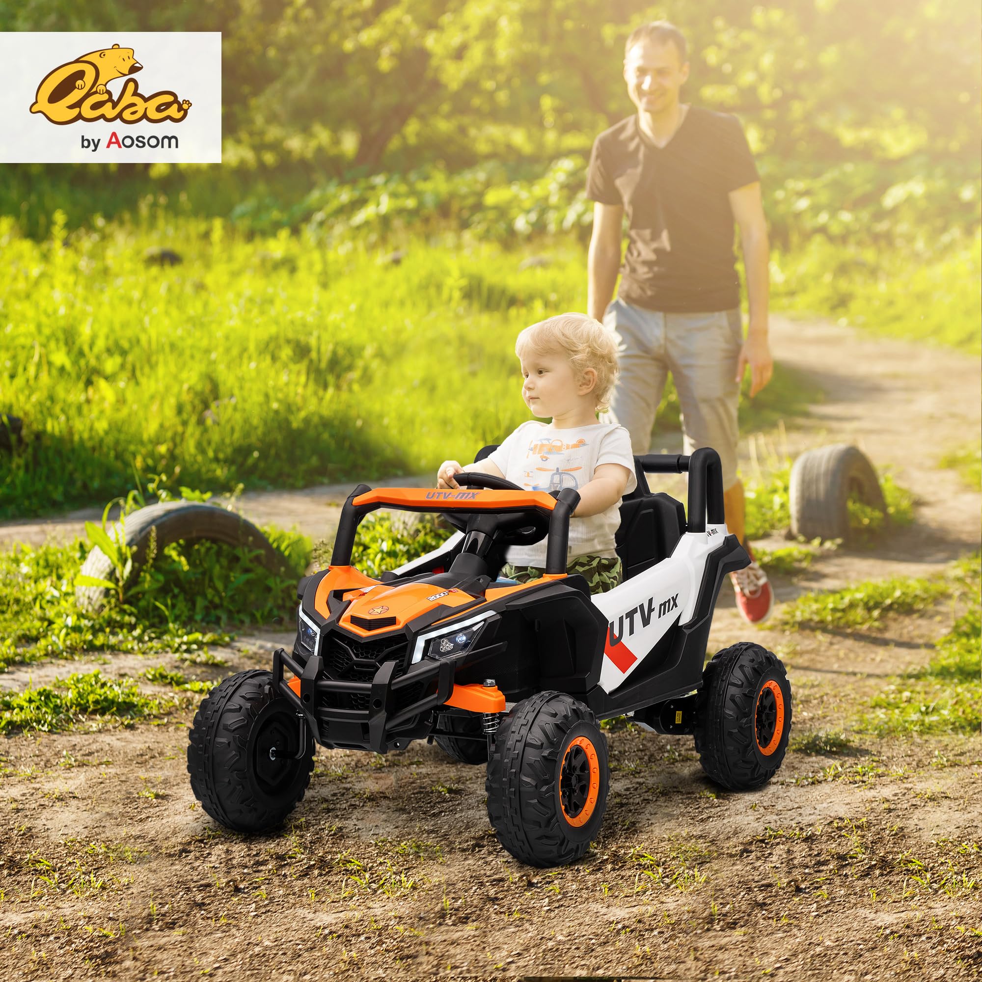 AIYAPLAY Kinder Elektroauto 12V mit 2,4 GHz Fernbedienung 2 Motor Orange | Kinderauto UTV, Kinderfahrzeug, Softstart, Federungssystem, LED-Leuchten, Musik, USB-Anschluss, Hupe, Für 3-5 Jahre