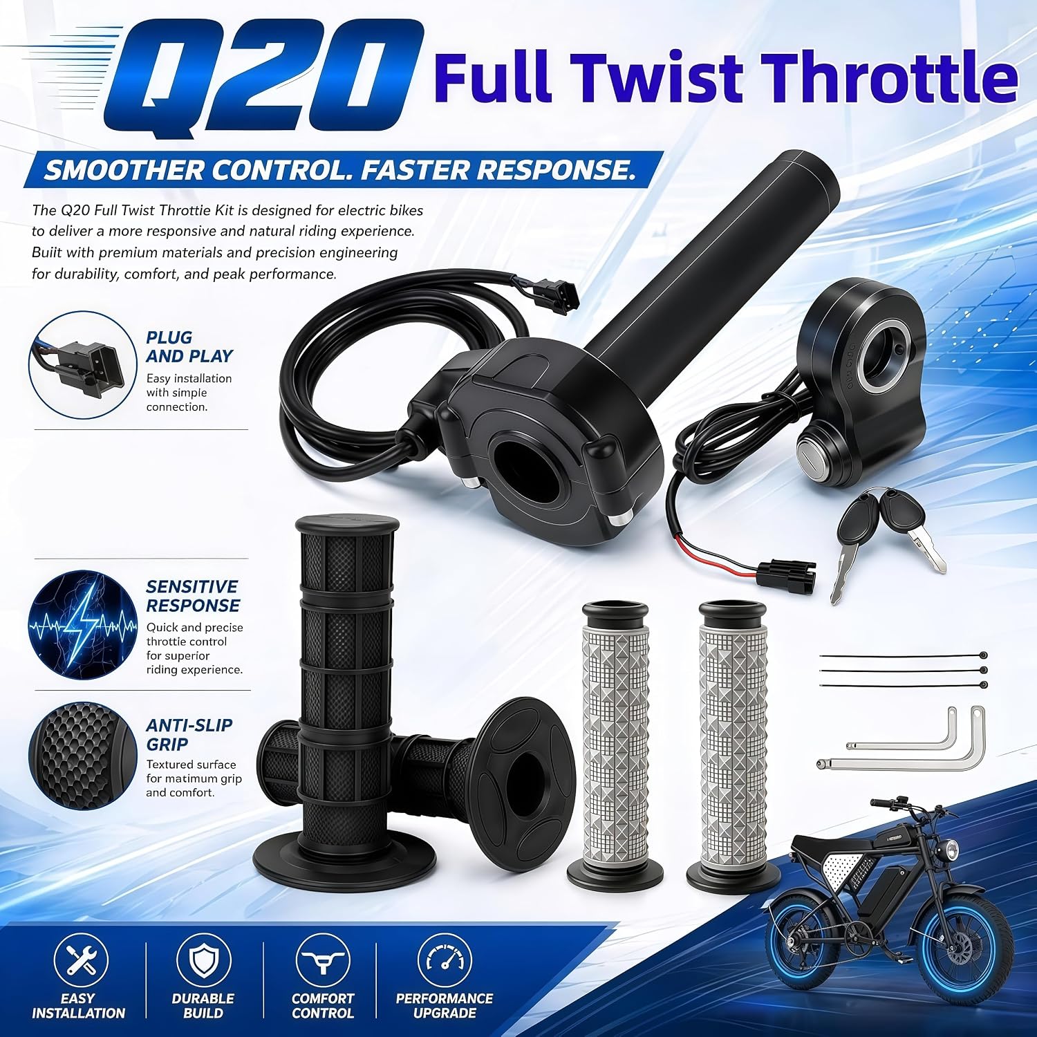 Full Twist Throttle with Ignition Switch, 12-72V 3-Pin, for Ridstar Q20 | Surron Throttle with Ignition Switch, Ebike Throttle Grips Cable Kit, for Ridstar Q20 Ebike, Motorcycle & ATV