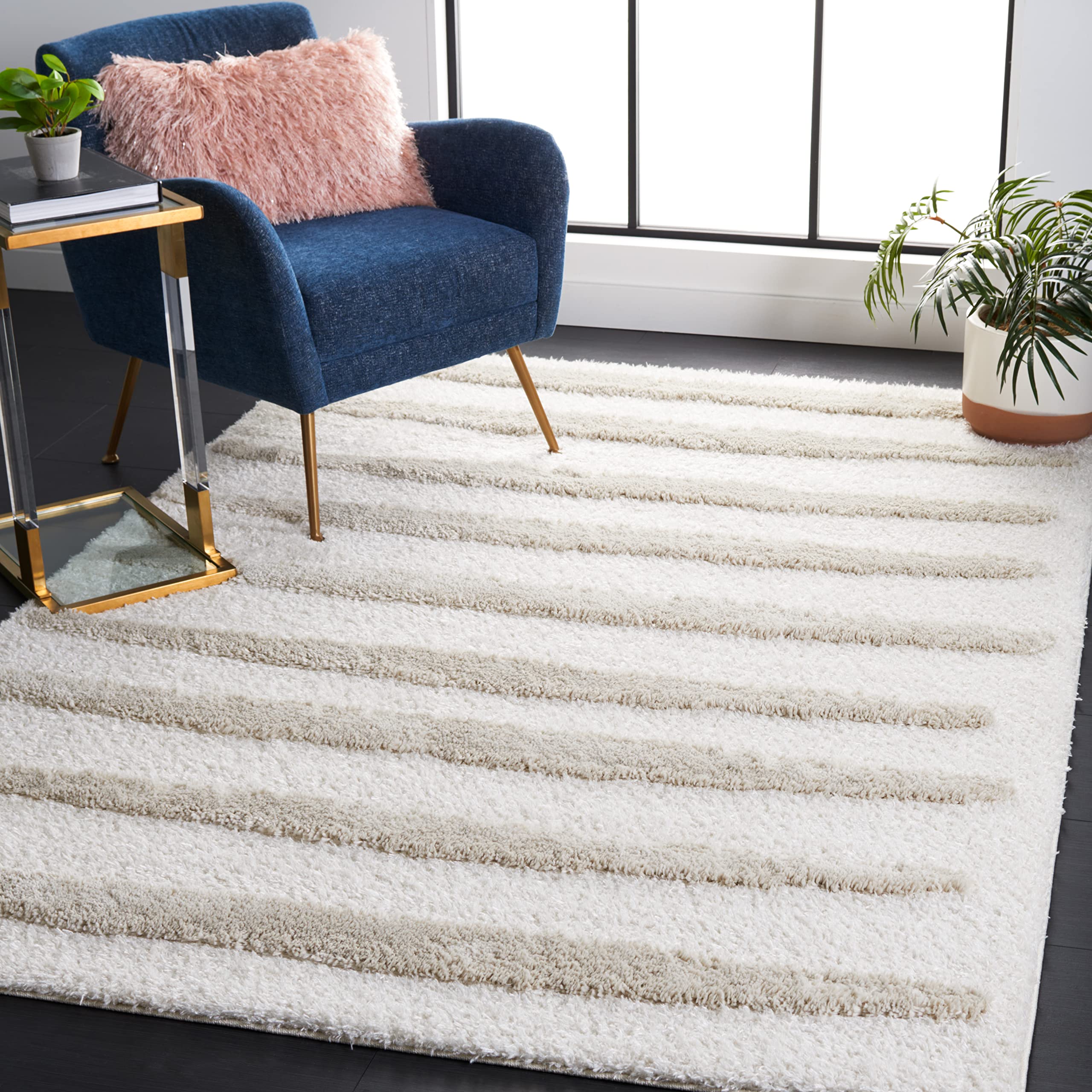 SAFAVIEH Hi-Lo Shag Collection Area Rug - 9' x 12', Beige, Modern Stripe Textured Design, Non-Shedding & Easy Care, 1.6-inch Thick Ideal for High