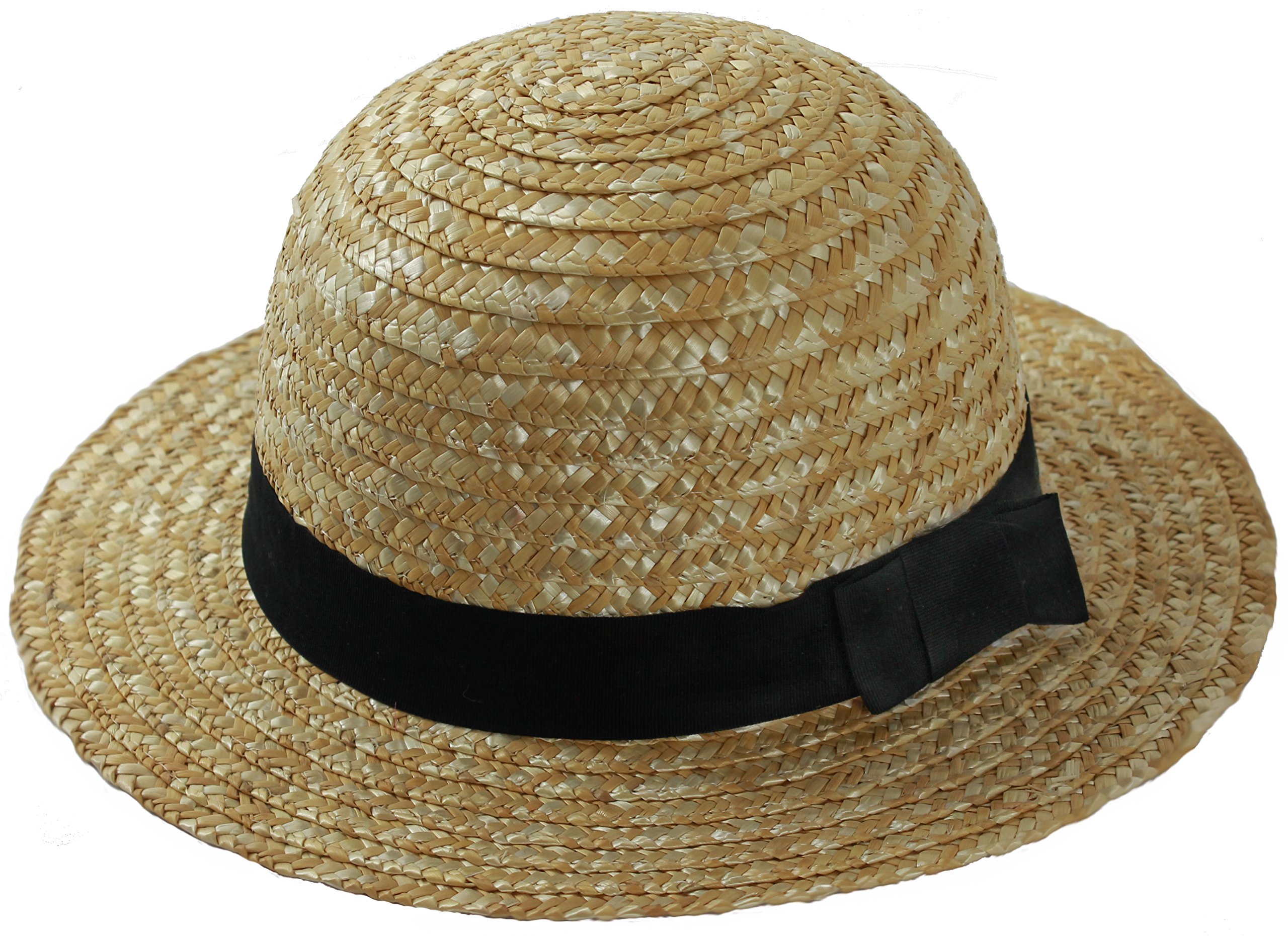 12 X LADIES STRAW BOATER HAT ROUND TOP STRAW BOWLER HAT WITH BLACK RIBBON & BOW SCHOOL GIRL ST TRINNIANS FANCY DRESS BULK
