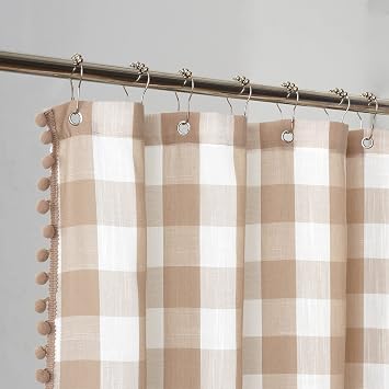Tan and White Shower Curtain Linen Texture Buffalo Plaid Farmhouse and Boho Mix with Pompom 36" W x 72" L
