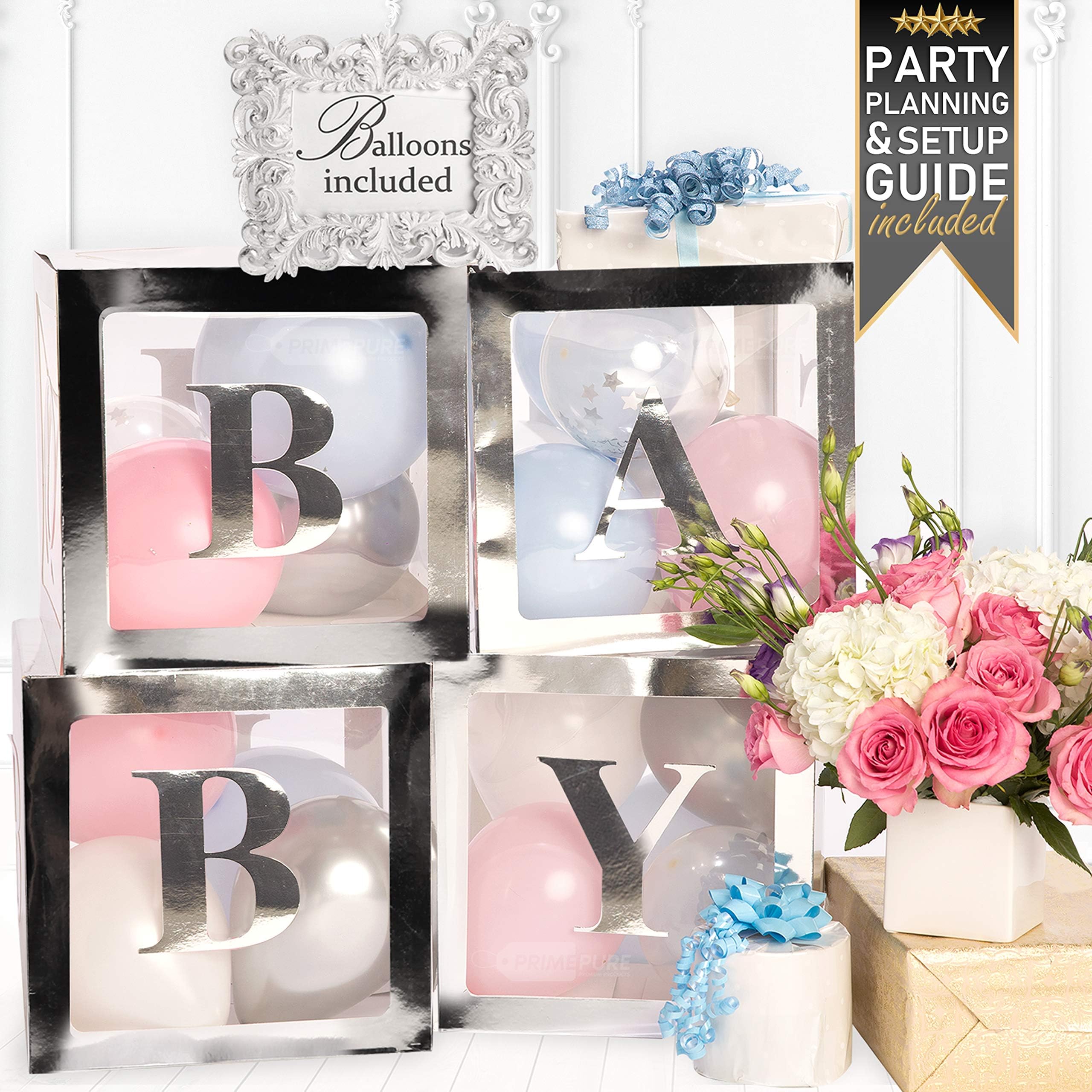 Silver Baby Boxes with Letters for Baby Shower | 79 Pcs | Set of 4 Baby Blocks for Baby Shower, Balloons and Baby Letters | Baby Balloon Boxes with Letters | Baby Shower Boxes | Baby Box Decorations