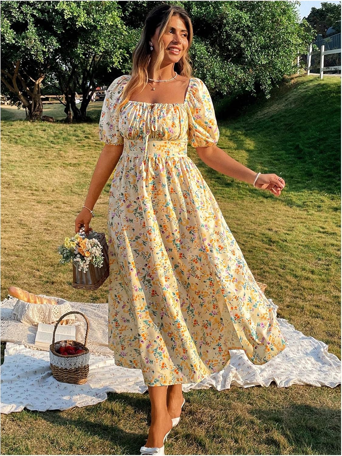 Floerns Women's Plus Size Floral Print Tie Front Square Neck Slit Hem Midi Dress - Image 4