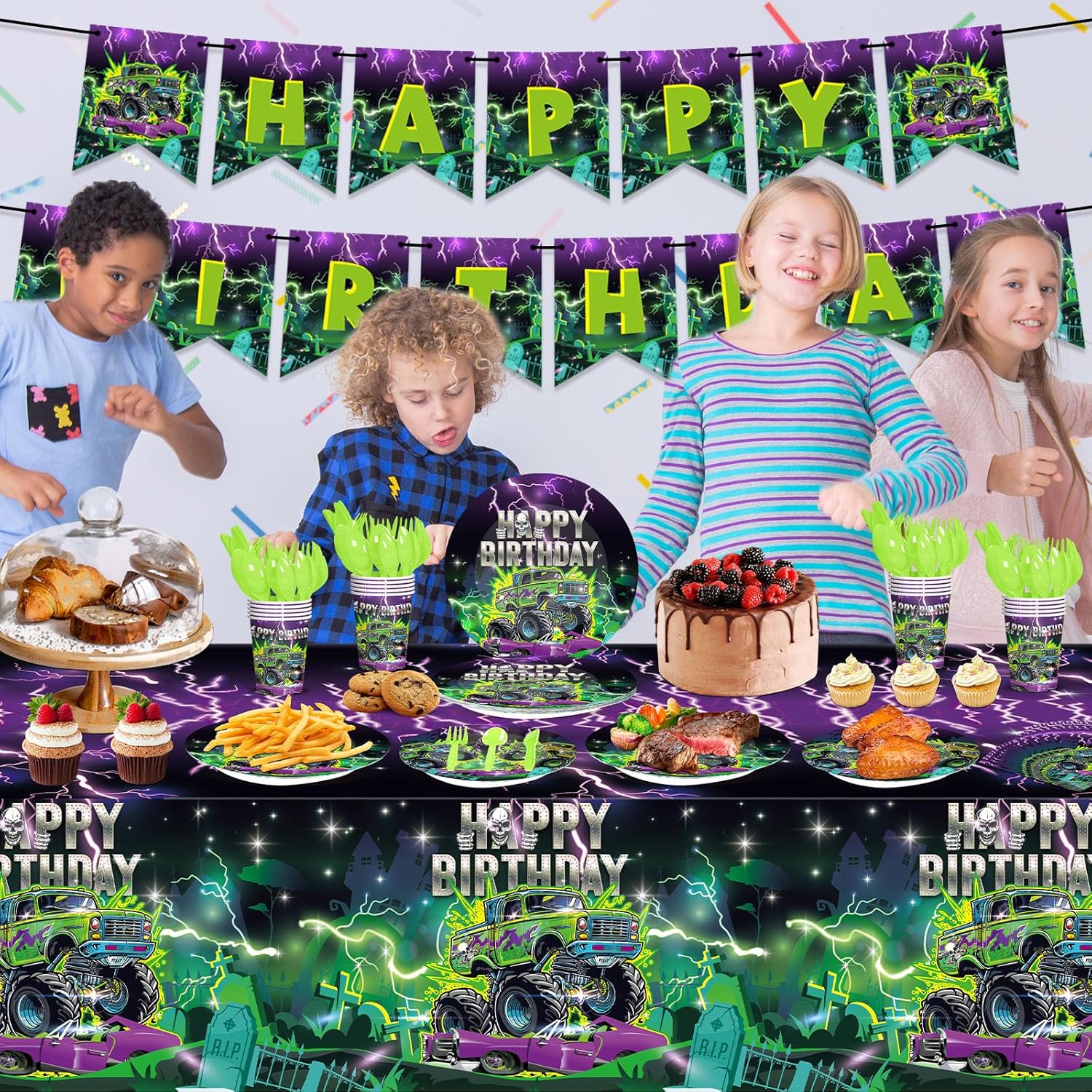 Qinyoung 172 Pcs Monster Truck Birthday Party Decorations Set Purple and Green Truck Birthday Tableware Tablecloth Hanging Banner Disposable Dinnerware Serves for 24 Guests Bday Party Supplies