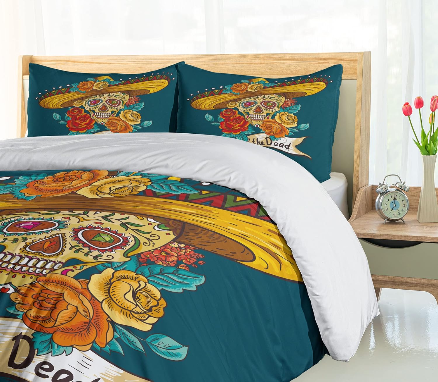 Ambesonne Day of The Dead Duvet Cover Set, Mexican Hat Skull Roses Art Print, Decorative 3 Piece Bedding Set with 2 Pillow Shams, Queen Size, Petrol Blue Turquoise