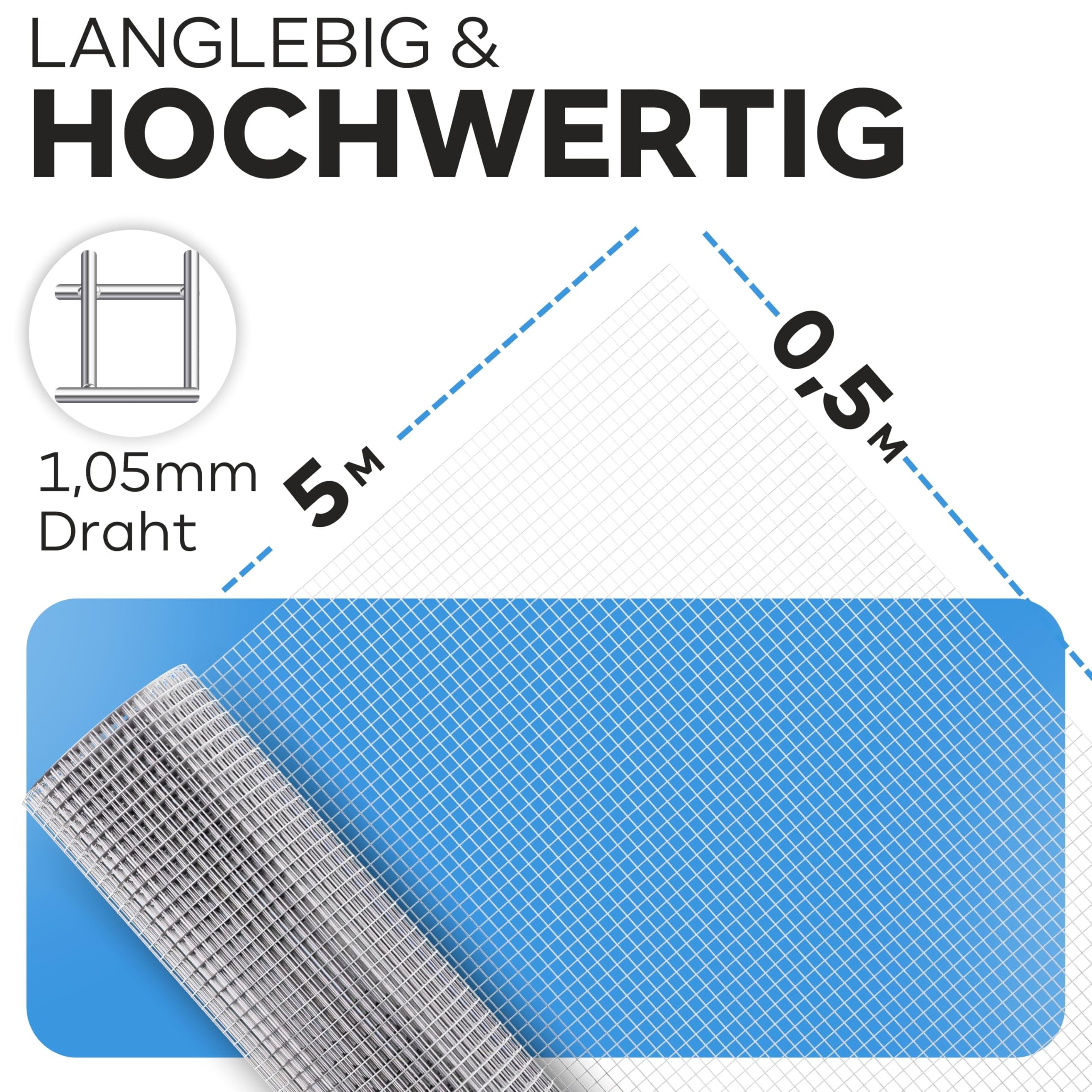 KrapTrap Volierendraht Drahtgitter I verzinkt I 12x12 I stabiler Kaninchendraht I Wühlmausgitter I Kleintierzaun Hasengitter Hühnerdraht (0,5m x 5m)
