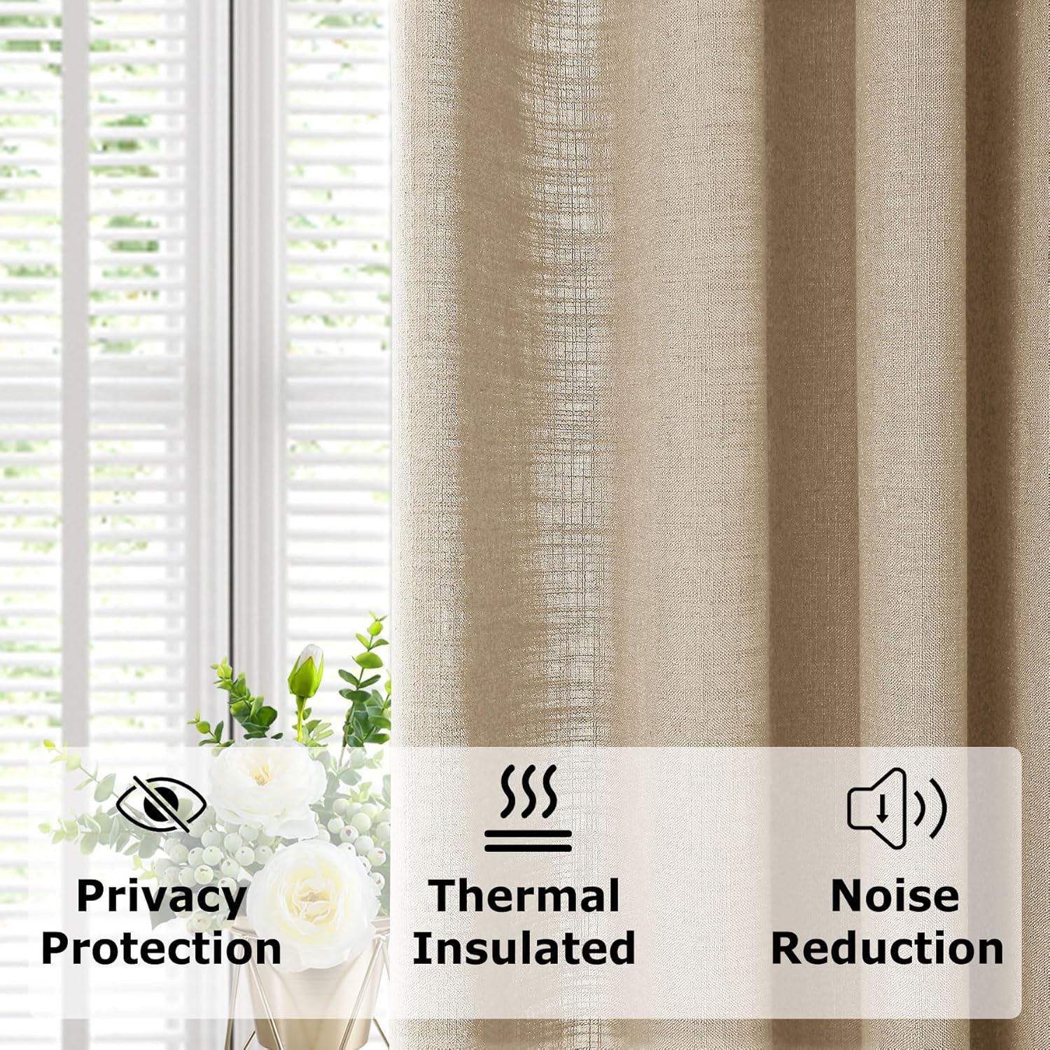 Frelement 52" W x 63" L Grommet Room Darkening Drape with Tiebacks Unlined Linen Curtains for Living Room Bedroom Light Blocking Curtains for Sliding Door Patio Door, 1 Panel, Oxford Tan