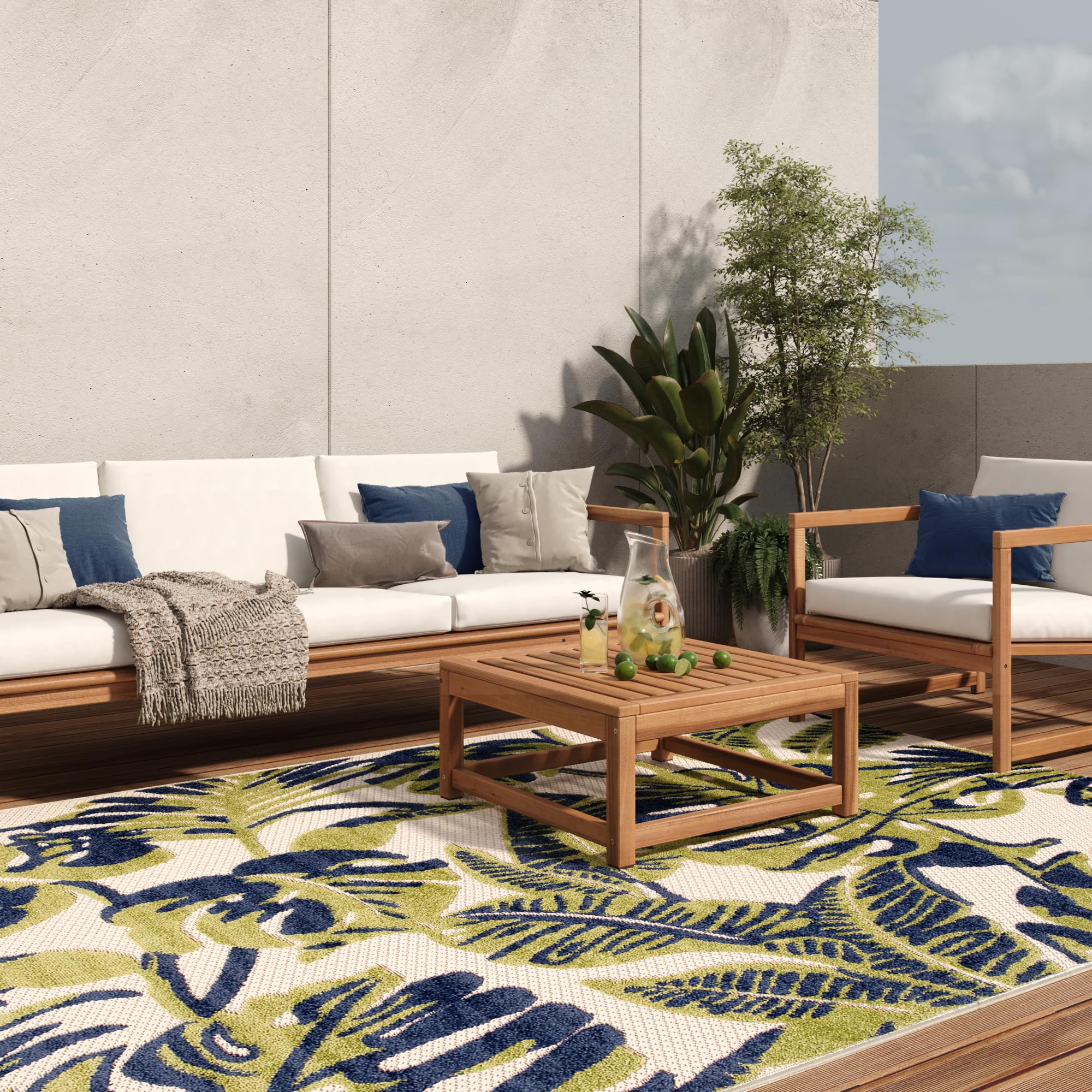 TAPISO Patio Tappeto Salotto Esterno Pelo Corto Design Moderno Motivo Floreale Foglie Monstera Effetto 3D Blu Verde Sala Camera Terrazza Balcone Outdoor Indoor Oeko-Tex 80 x 150 cm