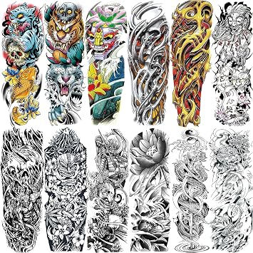 VERKSTAD 12 Sheets Sleeve Temporary Tattoos Men Women Skull Dragon | Premium Quality & Long-Lasting,Easy to Apply & Remove,Halloween BBQ Pool Beach Party
