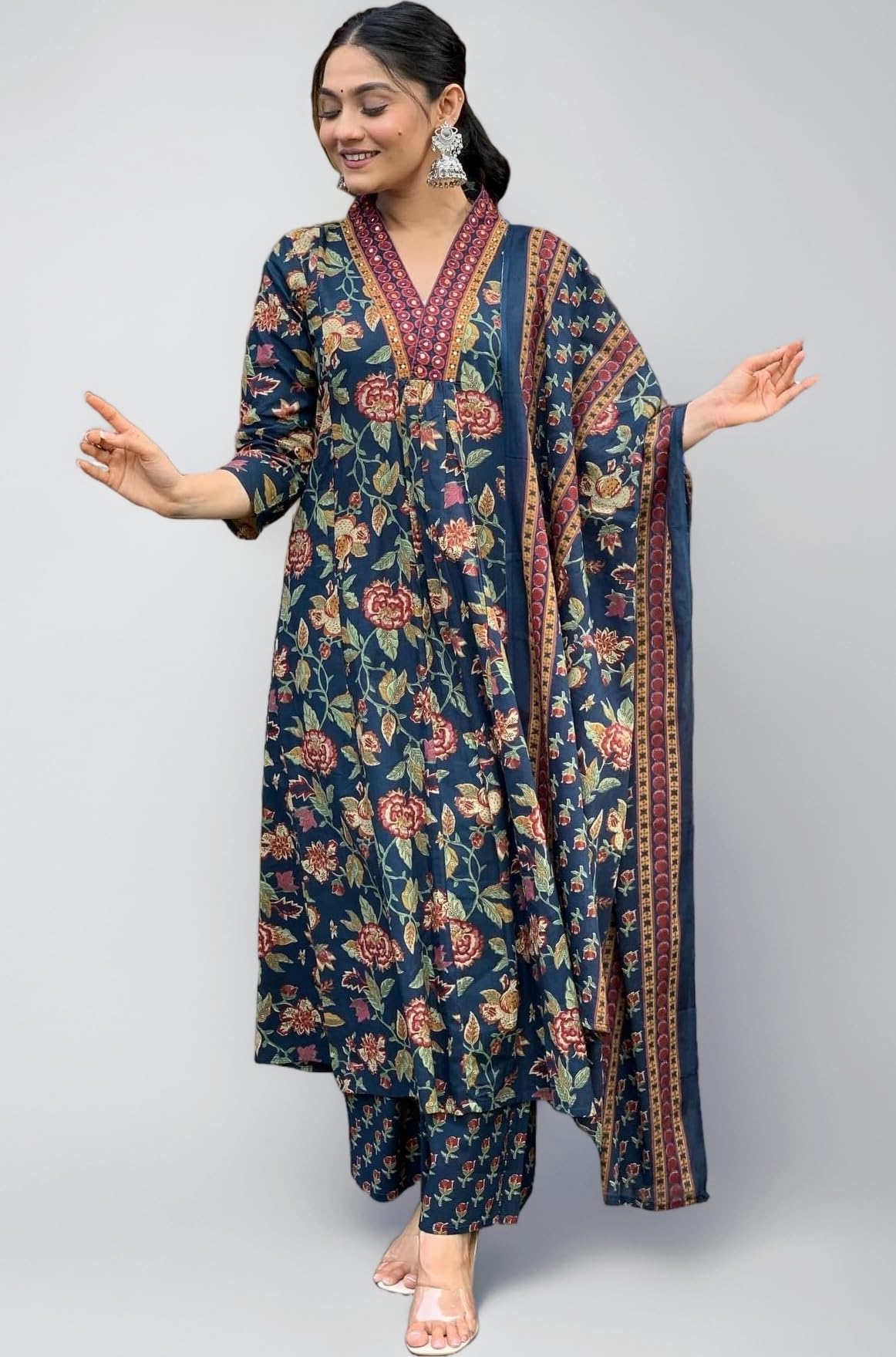 GoSriKi Women's Rayon Viscose Anarkali Printed Kurta with Palazzo & Dupatta