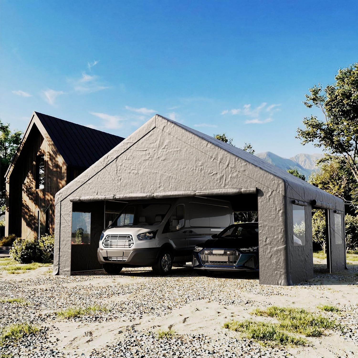 COSIEST 20x20 Heavy-Duty Gable Roof Carport Shelter with Removable Walls, Weatherproof PE Cover for Vehicles, Tractors & Equipment